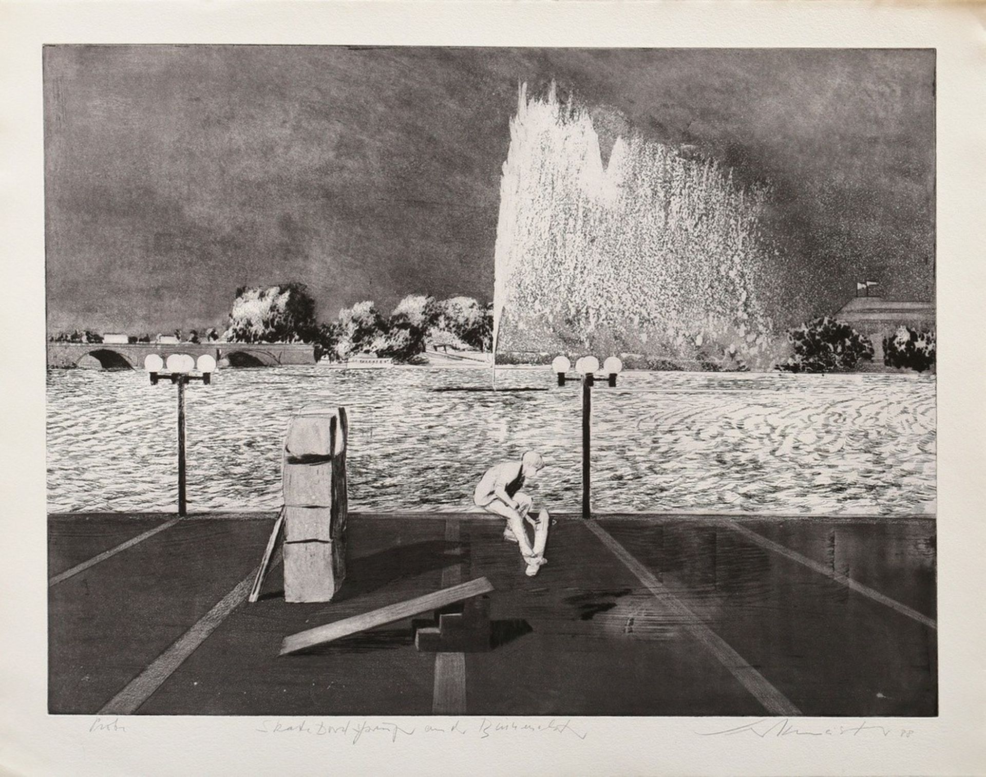 Werkmeister, Wolfgang (*1941) "Skateboard jumper at the Binnenalster" 1988, etching, proof (edition - Image 2 of 3