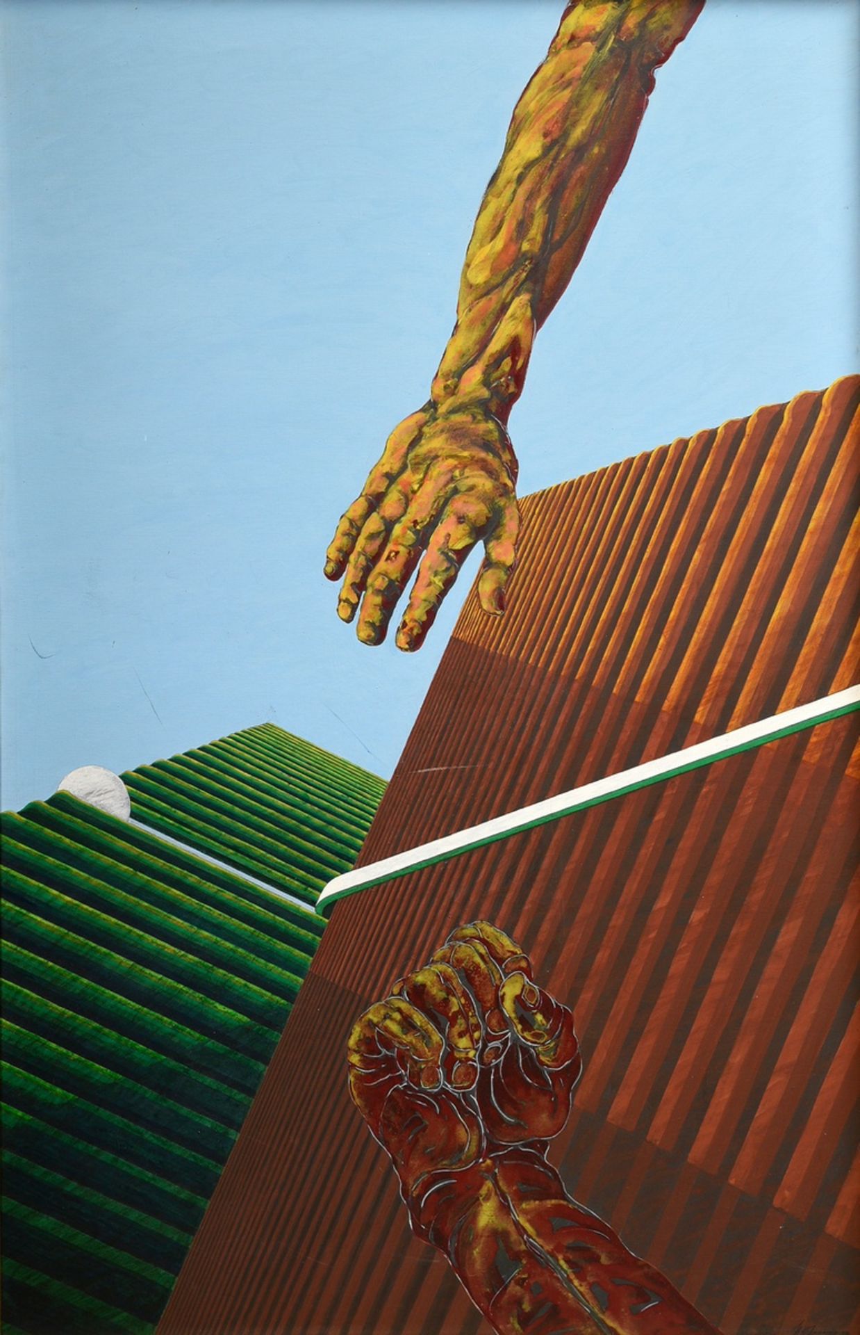 Hoflehner, Rudolf (1916-1995) "Landscape with open hand and fist" 1978, acrylic/pastel chalk/canvas