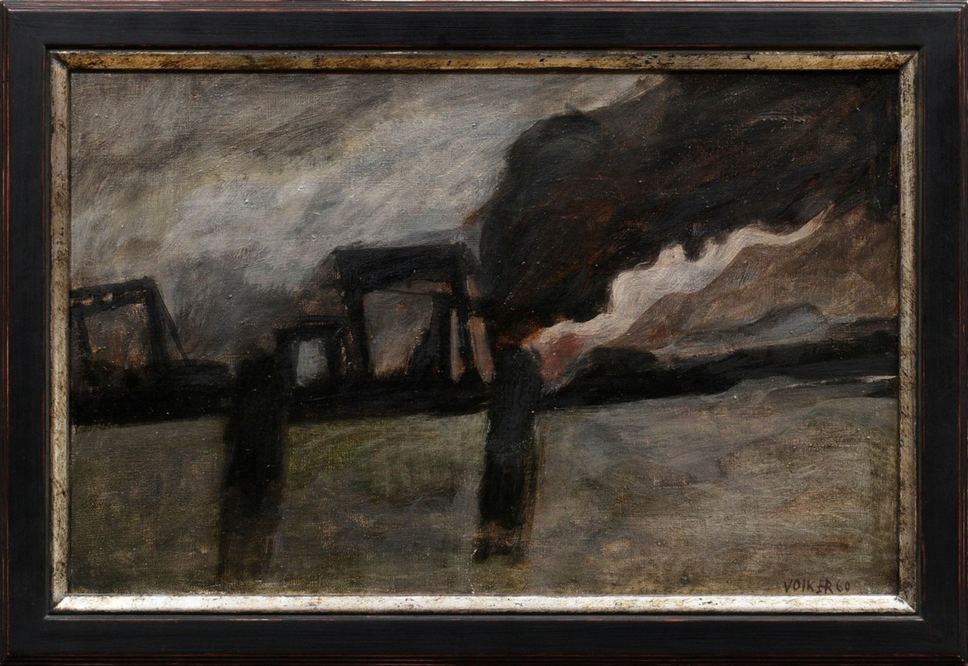 Meier, Volker (1932-1993) "Burning Shipyard" 1960, oil/canvas, lower right signed/dated, verso titl - Image 2 of 5