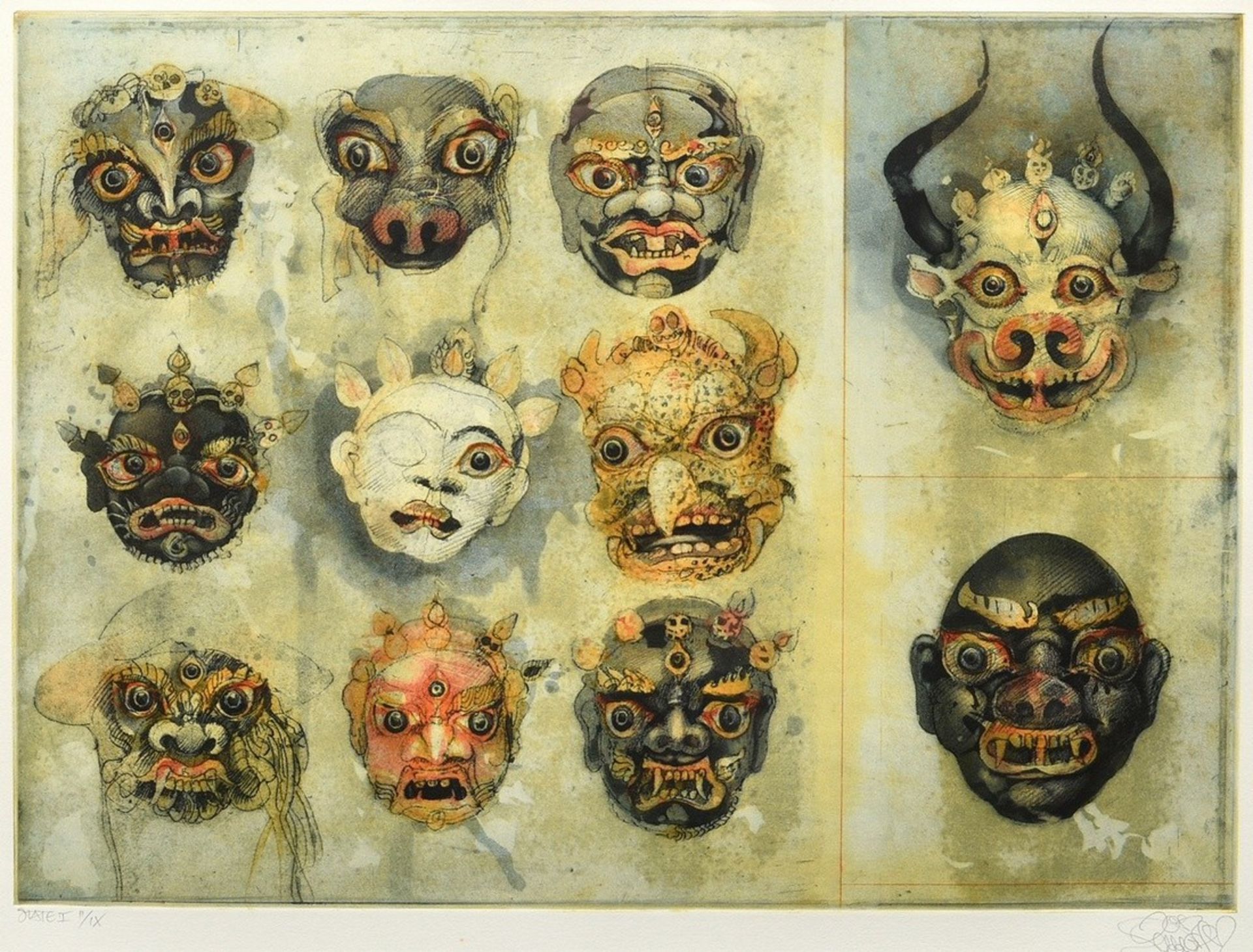 Schmeisser, Jörg (1942-2012) "11 Javanese Masks" 1986, color etching, state I, II/IX, u. sign./dat.