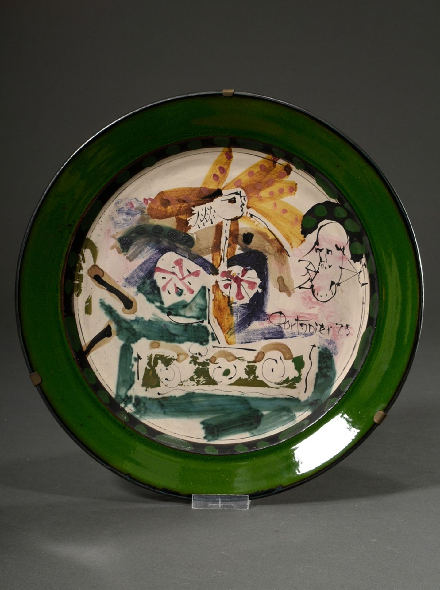 Studio ceramic plate by Gilbert Portanier, Vallauris, abstract figural representation, signed Porta