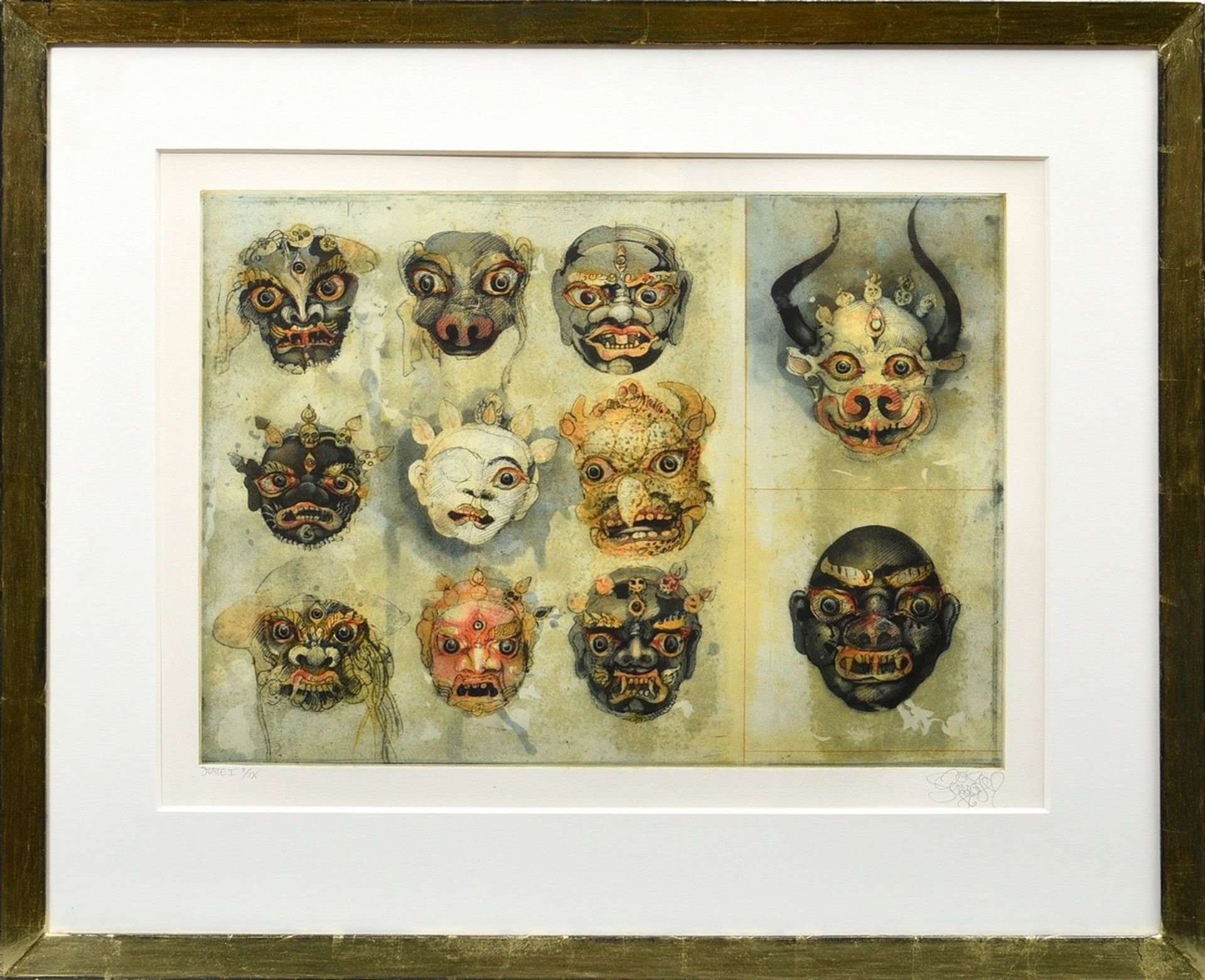 Schmeisser, Jörg (1942-2012) "11 Javanese Masks" 1986, color etching, state I, II/IX, u. sign./dat. - Image 2 of 3