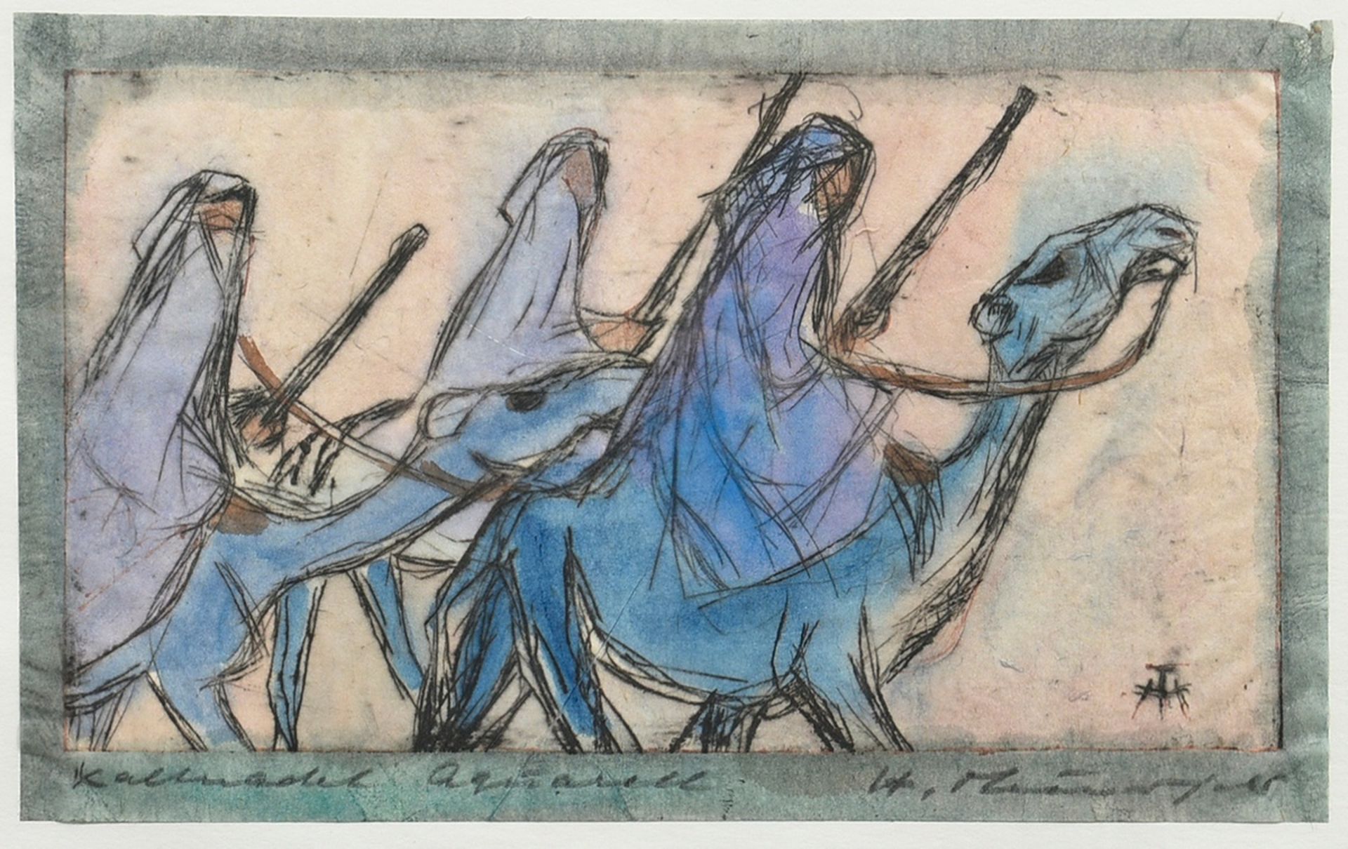 Theuerjahr, Heinz (1913-1991) "Berber auf Kamelen", aquarellierte Radierung, u. sign./bez., u.r. i.