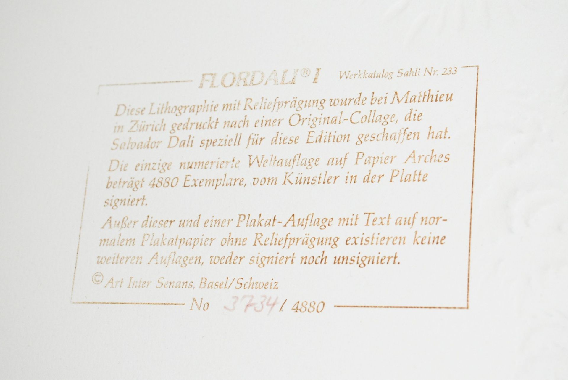 Dalí, Salvador (1904-1989) "Flordali I" 1981, Farblithographie/Reliefprägung, 3734/4480, u.r. i.d.  - Bild 6 aus 6