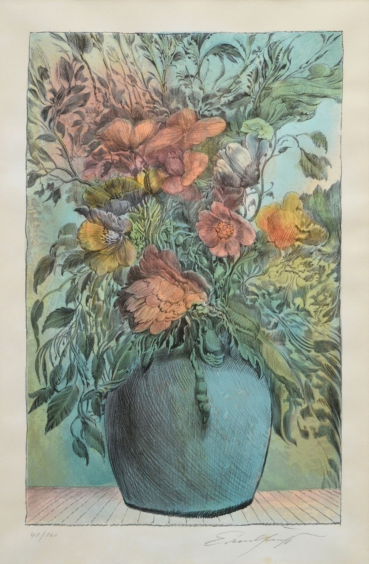 Fuchs, Ernst (1930-2015) "Blumenstrauß in Vase", Farblithographie, 41/120, u. sign./num., PM ca. 58