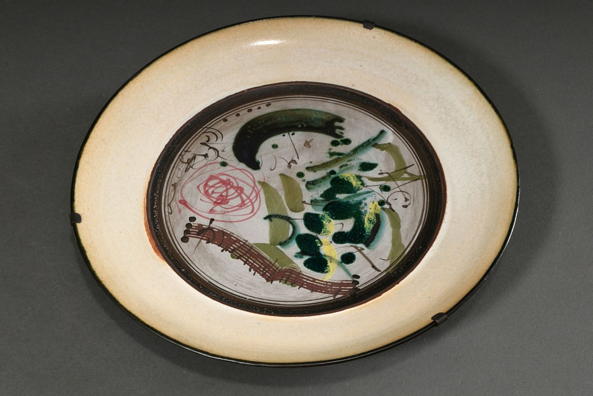 Studio ceramics plate by Gilbert Portanier, Vallauris, abstract representation, reversed signed Por - Image 2 of 5