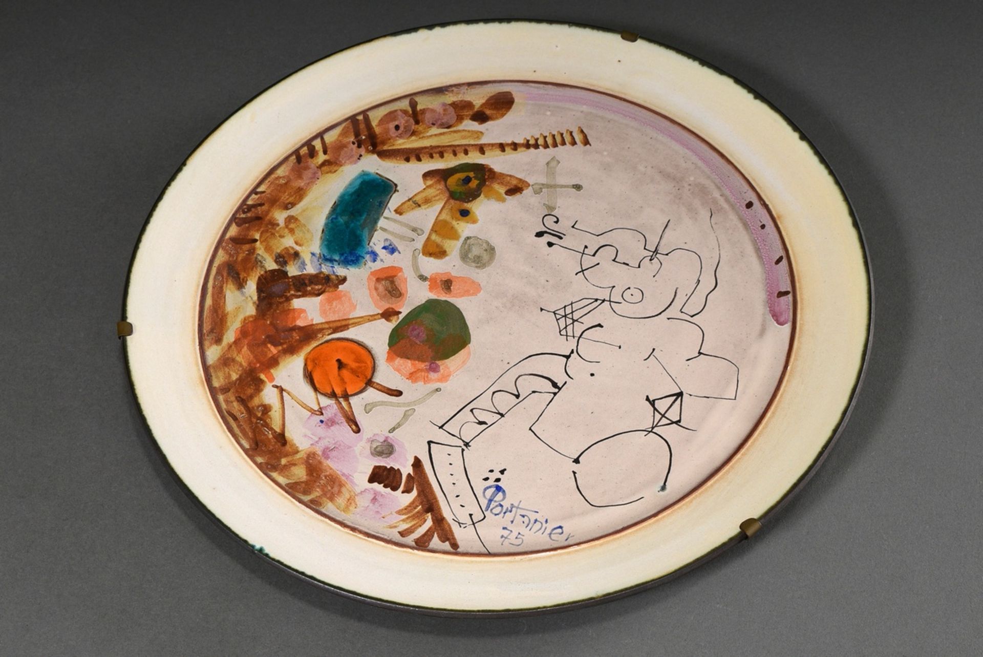 Large studio ceramic plate by Gilbert Portanier, Vallauris, with abstract image, signed Portanier ( - Image 2 of 4
