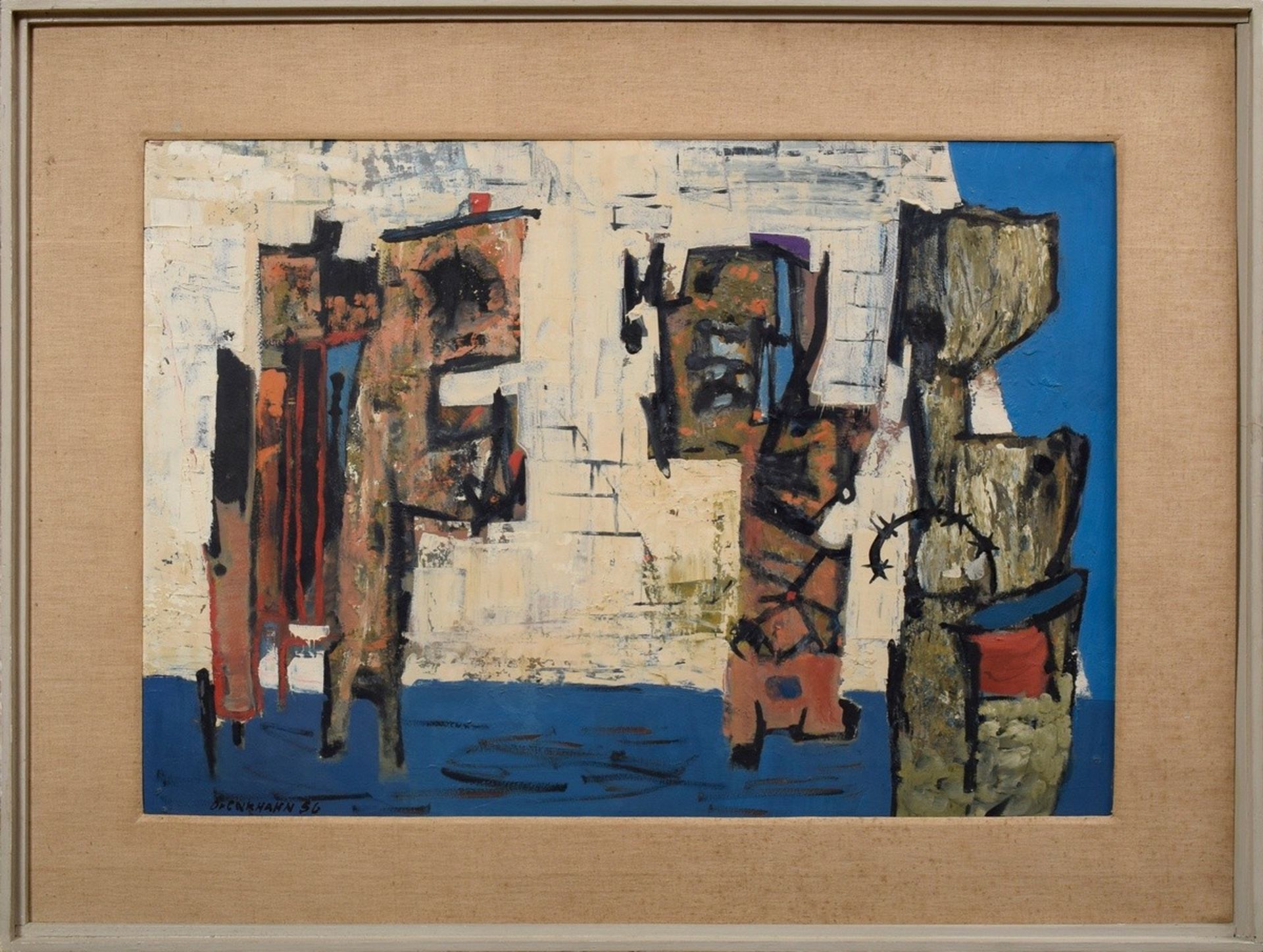 Drenkhahn, Reinhard (1926-1959) "Abstract composition with figures and barbed wire" 1956, oil/cardb - Image 2 of 4