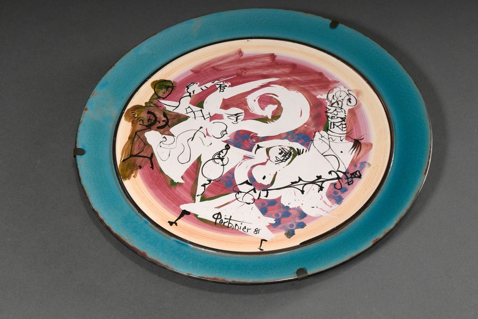Large studio ceramic plate by Gilbert Portanier, Vallauris, abstract figural representation, signed - Image 2 of 4