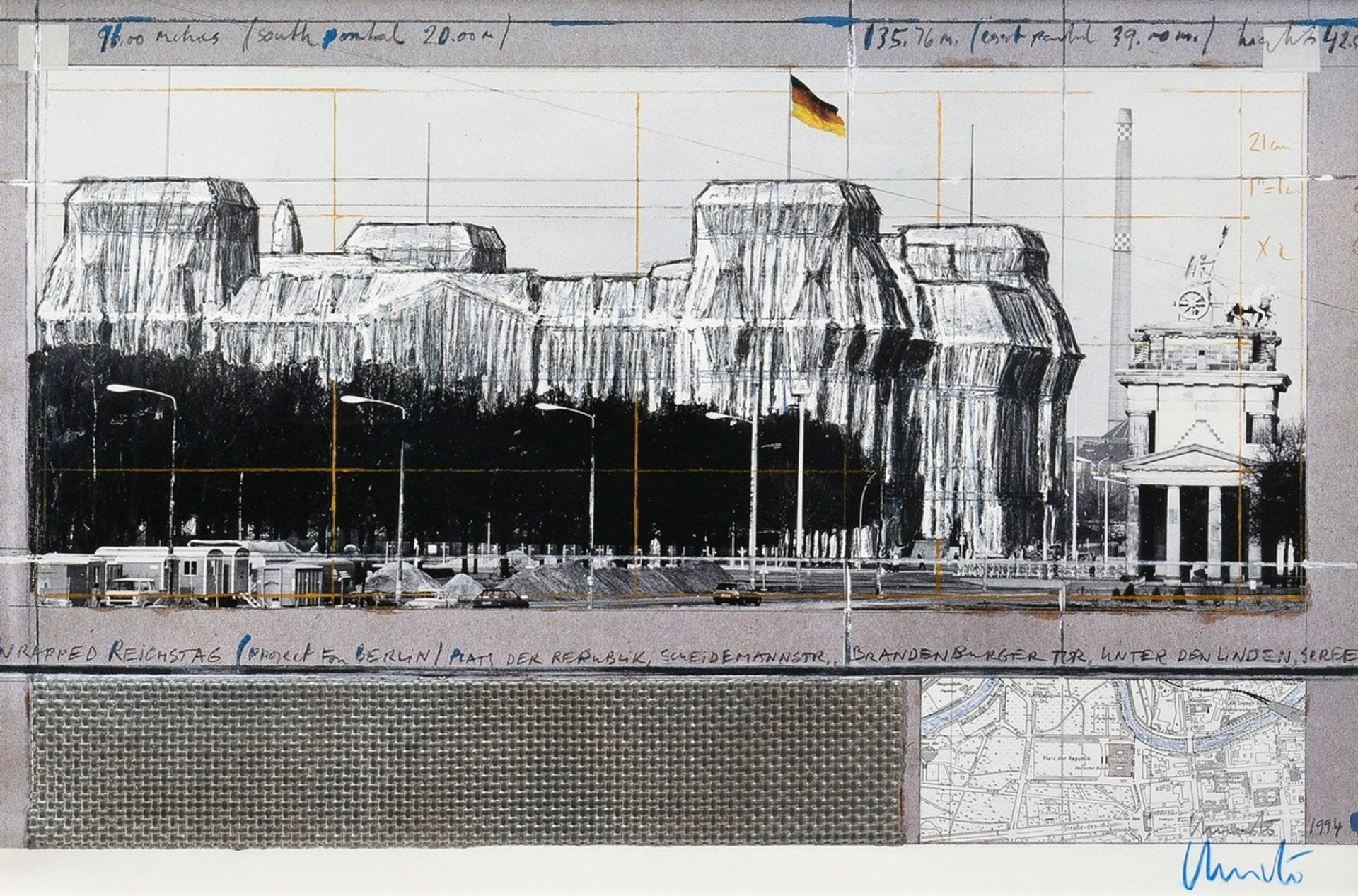 Christo (1935-2020) "Wrapped Reichstag" 1994, colour offset lithograph/collage, signed lower right,