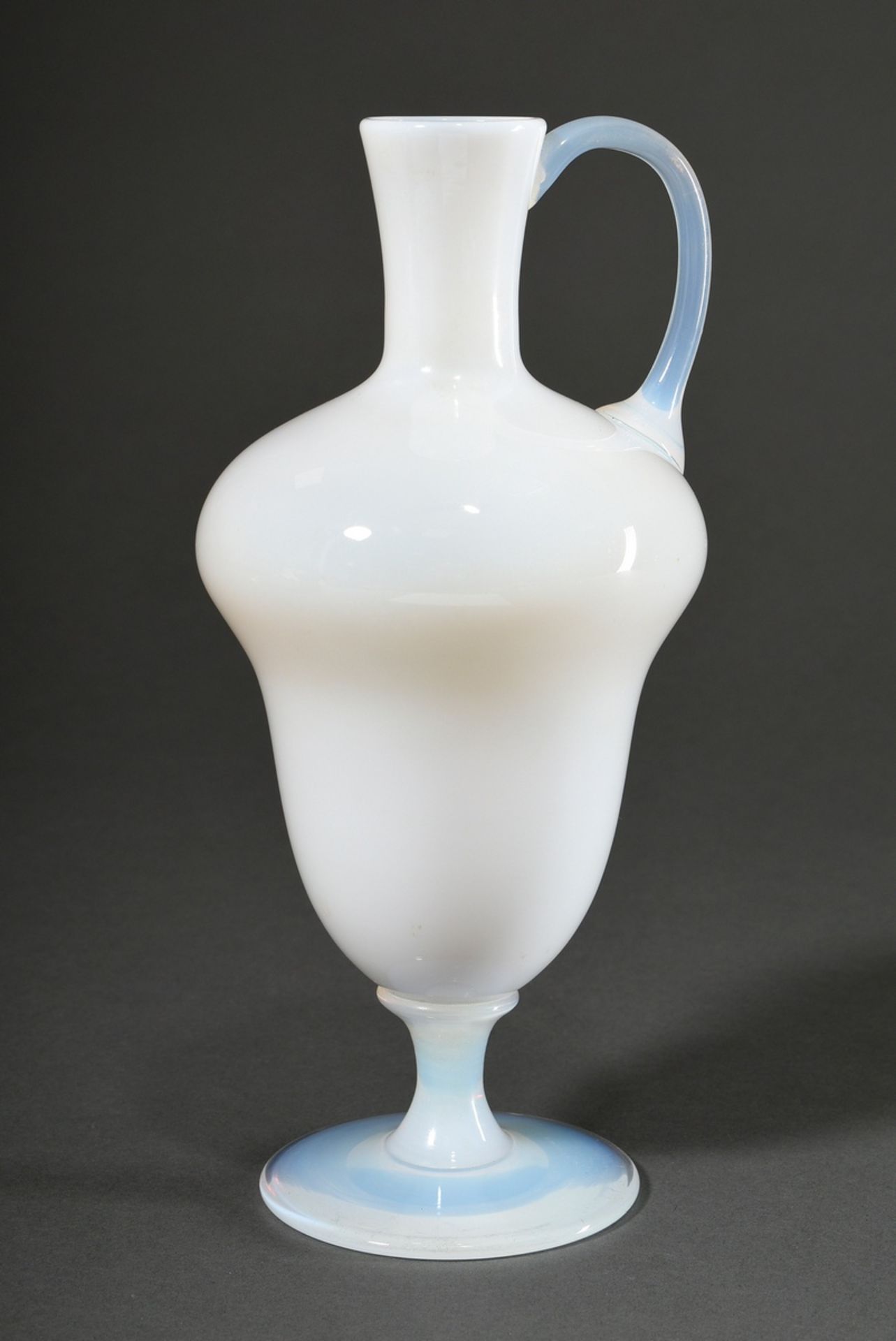 Sèvres opal glass vase on high foot with baluster shaped body and side handle, etched stamp on bott