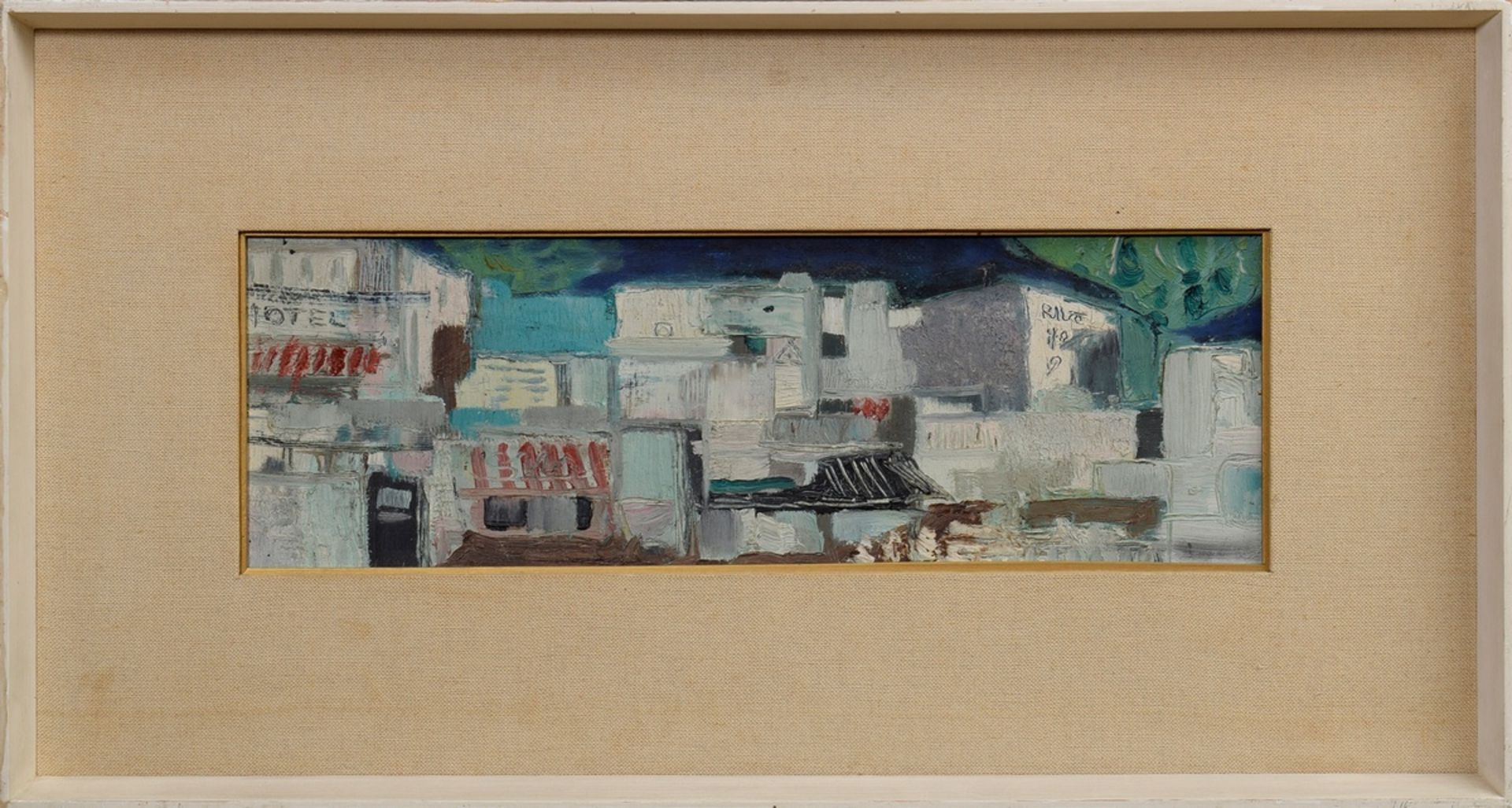 Drenkhahn, Rainer (1926-1959) " Spanische Häuser" ("Spanish Houses"), oil/cardboard, verso inscribe - Image 2 of 5