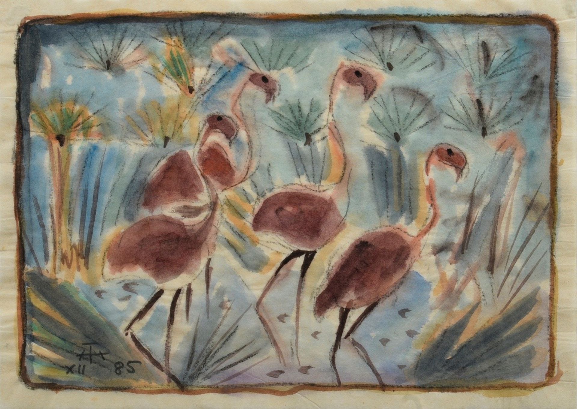 Theuerjahr, Heinz (1913-1991) "Flamingos" 1985, Kohle/Aquarell, u.l. monogr./dat., BM 23x32cm (m.R.