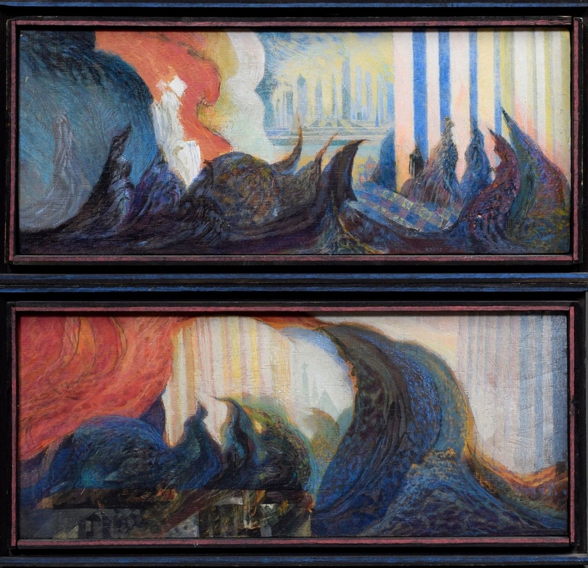 2 Kreidt, Fritz (1936-2020) "Uprising of the Elements I" and "w.T.", 70s, oil/wood, 1x signed on bo