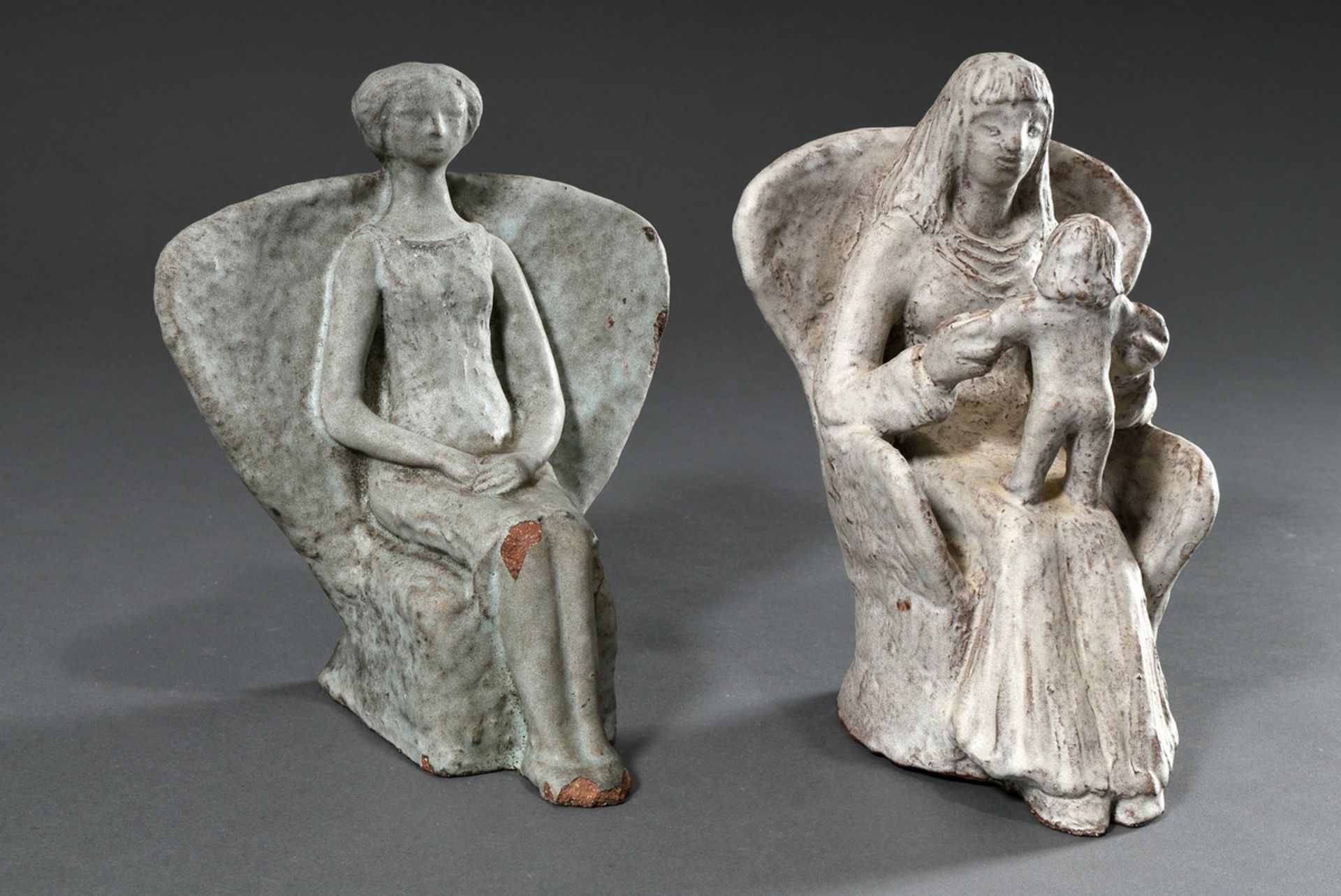 2 Various Maetzel, Monika (1917-2010) large figures "Mother with child in wing chair" and "Woman on