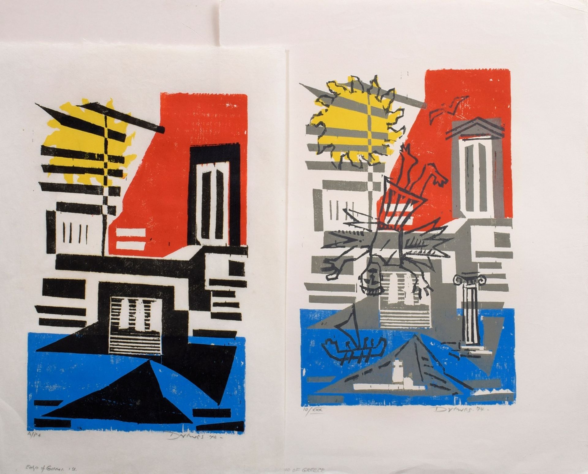 2 Drewes, Werner (1899-1985) "Echo of Greece" 1974, color woodcuts, proof (4) and 10/30, b. sign./d