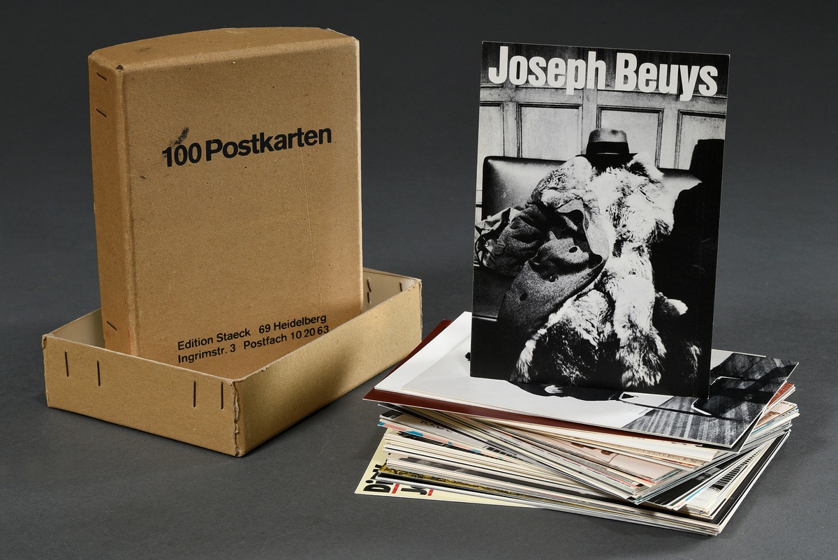 Original cardboard box "100 Postcards" with approx. 111 postcards by Klaus Staeck, Joseph Beuys, Di