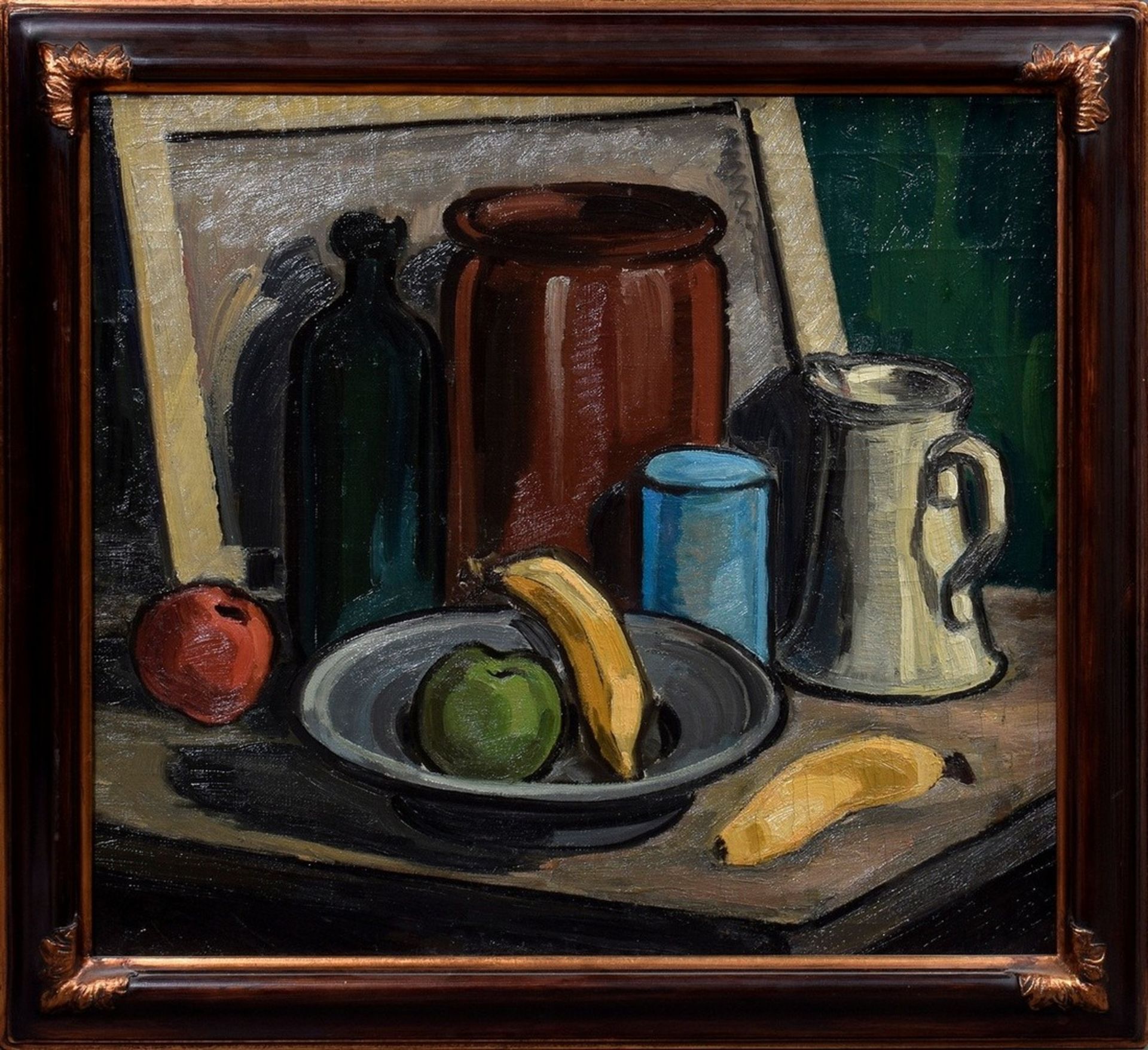 Monogrammed artist of the 20th c. "Still life with jars and fruit", oil/canvas, b.l. monogr. "C.E", - Image 2 of 3