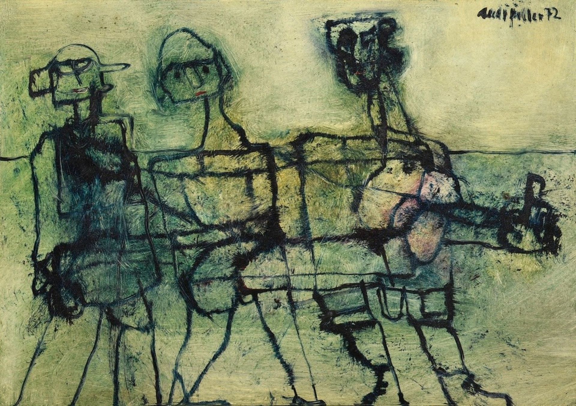 Fiedler, Arnold (1900-1985) "Three Figures in Green" 1972, oil/plate, upper right signed/date, 45x6