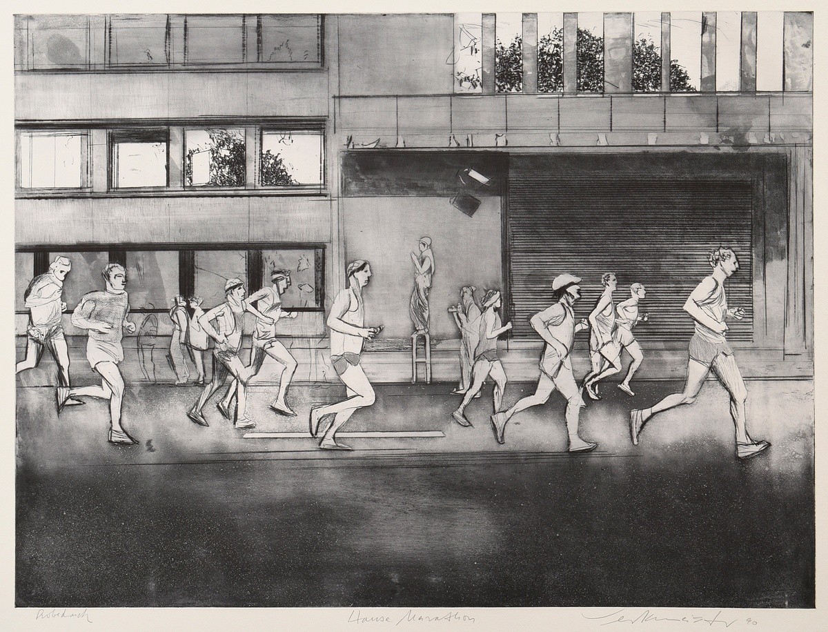 Werkmeister, Wolfgang (*1941) "Hansemarathon" 1990, etching, proof (edition 65), b. sign./dat./tit.