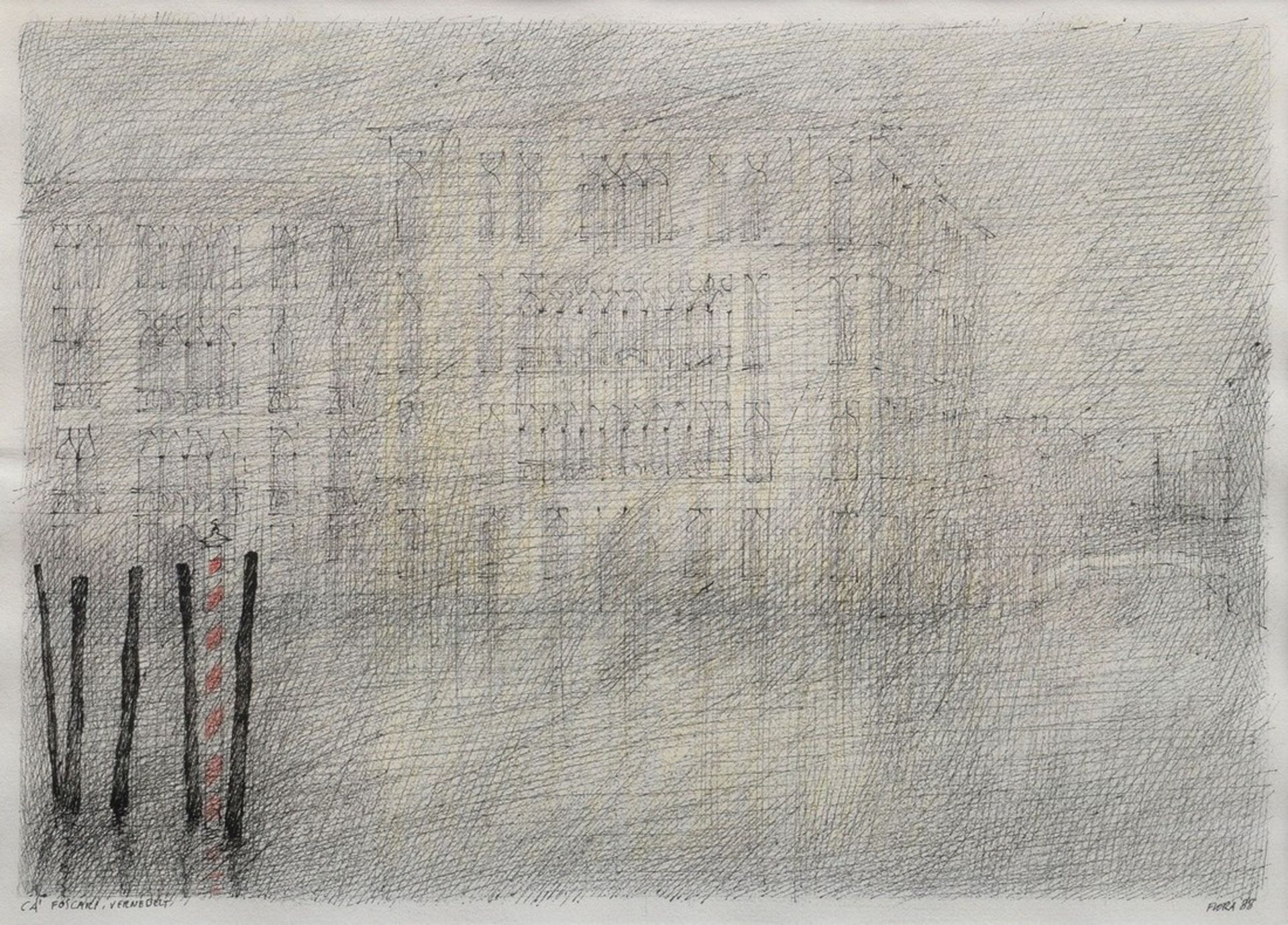 Flora, Paul (1922-2009) "Ca' Foscari, vernebelt (Venice)" 1988, pen and ink drawing/colored pencil,