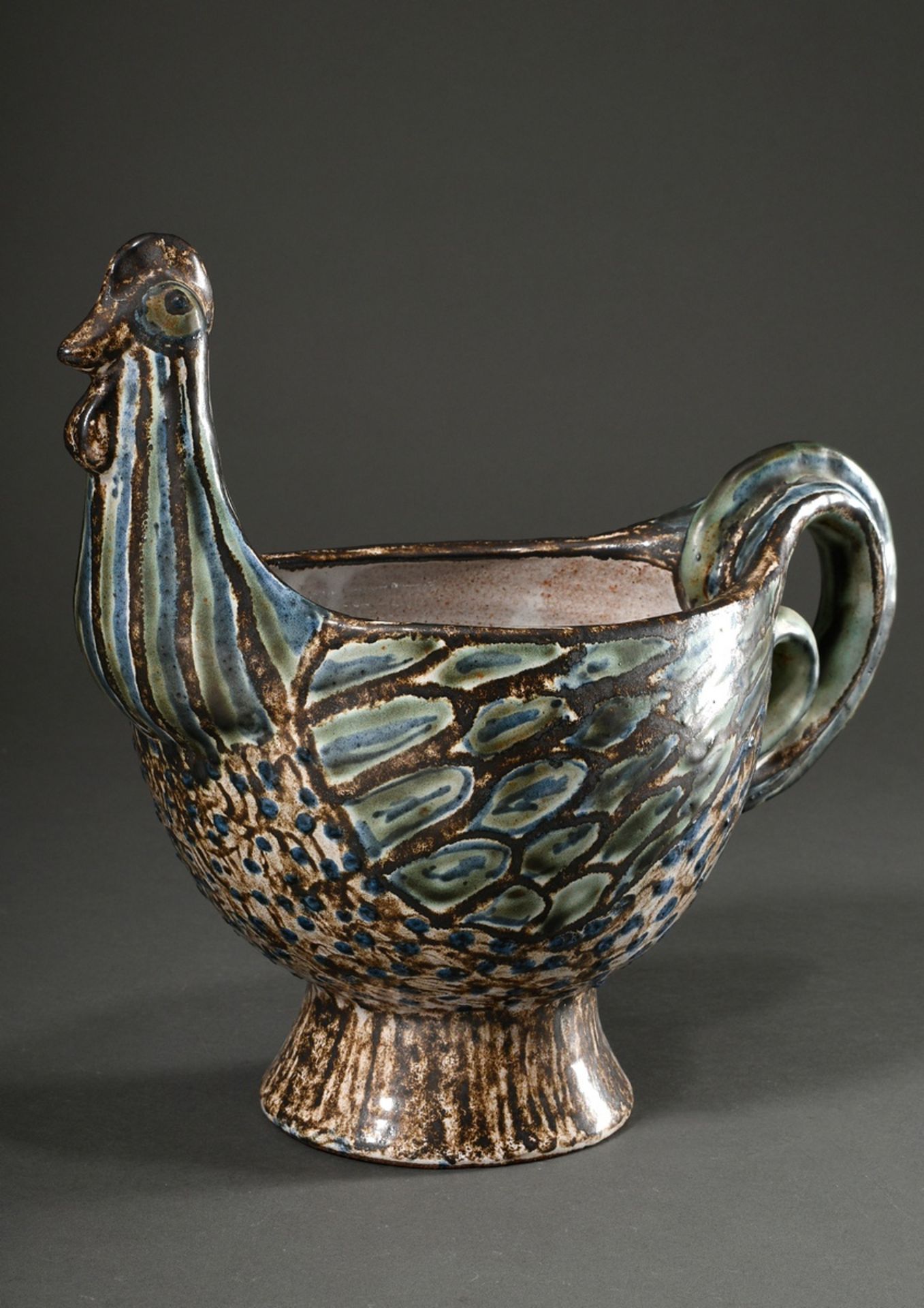 Maetzel, Monika (1917-2010) studio ceramic vessel in animal form "Chicken", ceramic white/green/blu