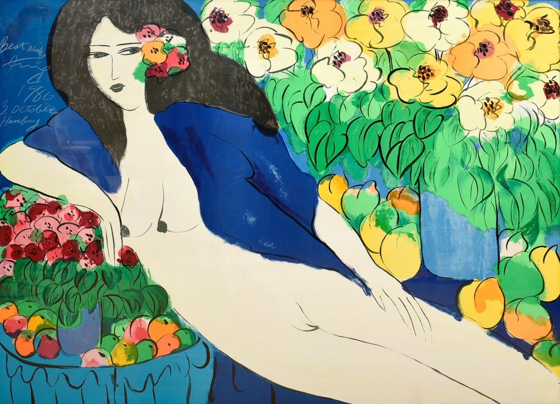 Ting, Walasse (1929-2010) "Nude with Flowers" c. 1985, color lithograph, t.l. sign./dat./inscr., ou - Image 2 of 3