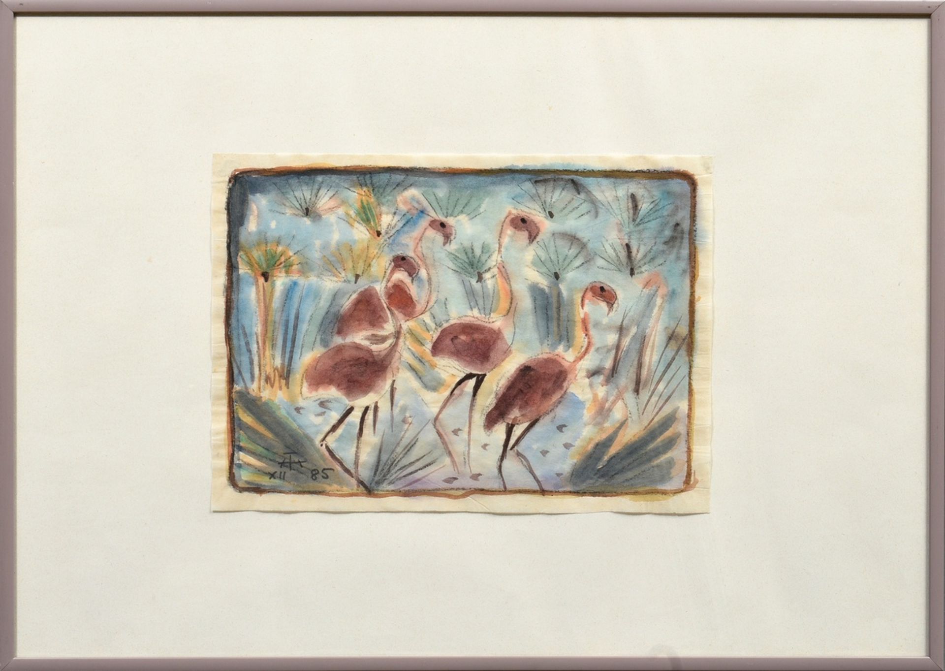 Theuerjahr, Heinz (1913-1991) "Flamingos" 1985, Kohle/Aquarell, u.l. monogr./dat., BM 23x32cm (m.R. - Bild 2 aus 3
