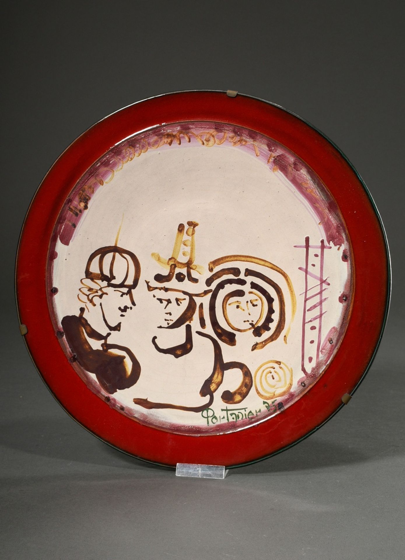 Large studio ceramic plate by Gilbert Portanier, Vallauris, figural representation, signed Portanie