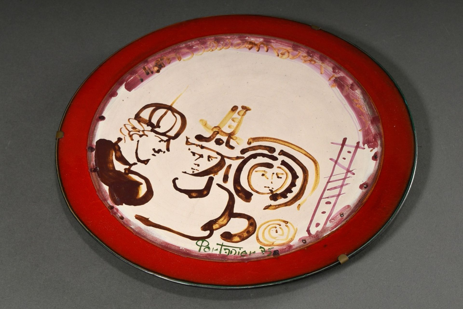 Large studio ceramic plate by Gilbert Portanier, Vallauris, figural representation, signed Portanie - Image 2 of 4
