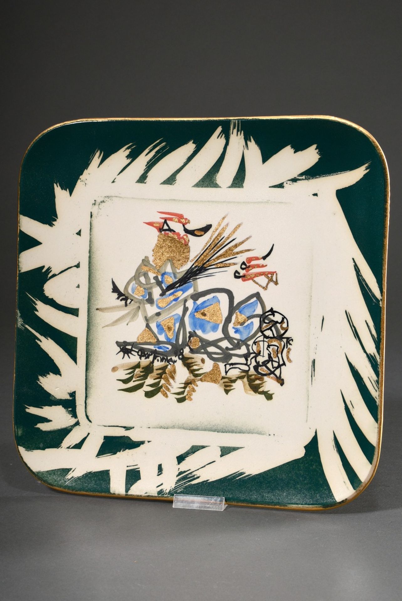 Large square studio ceramic plate by Gilbert Portanier, Vallauris, abstract image, partly gilt, sig - Image 2 of 4