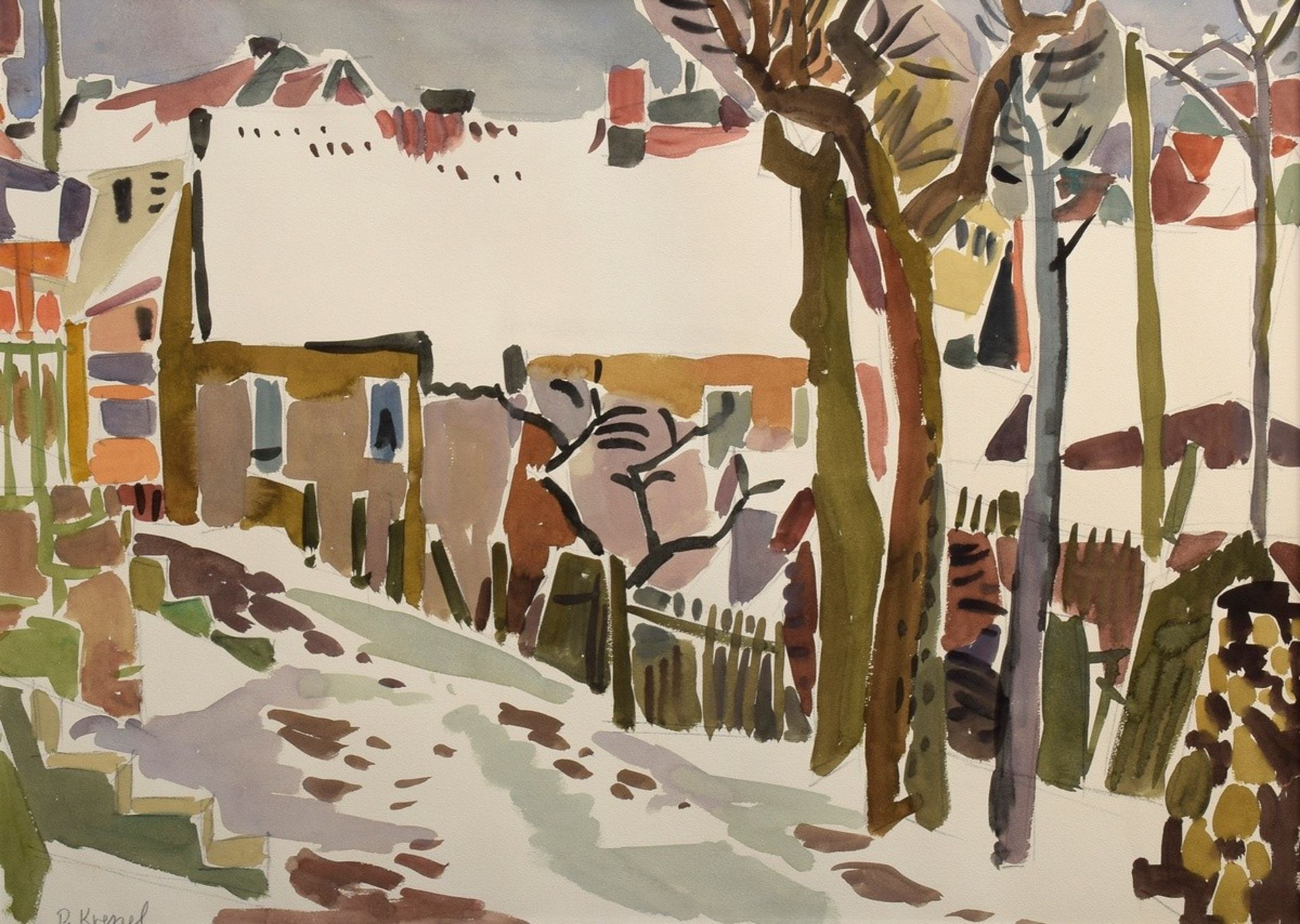 Kressel, Diether (1925-2015) "Verschneite Häuser (Altenau/Harz)" um 1958, Bleistiftzeichnung/Aquare