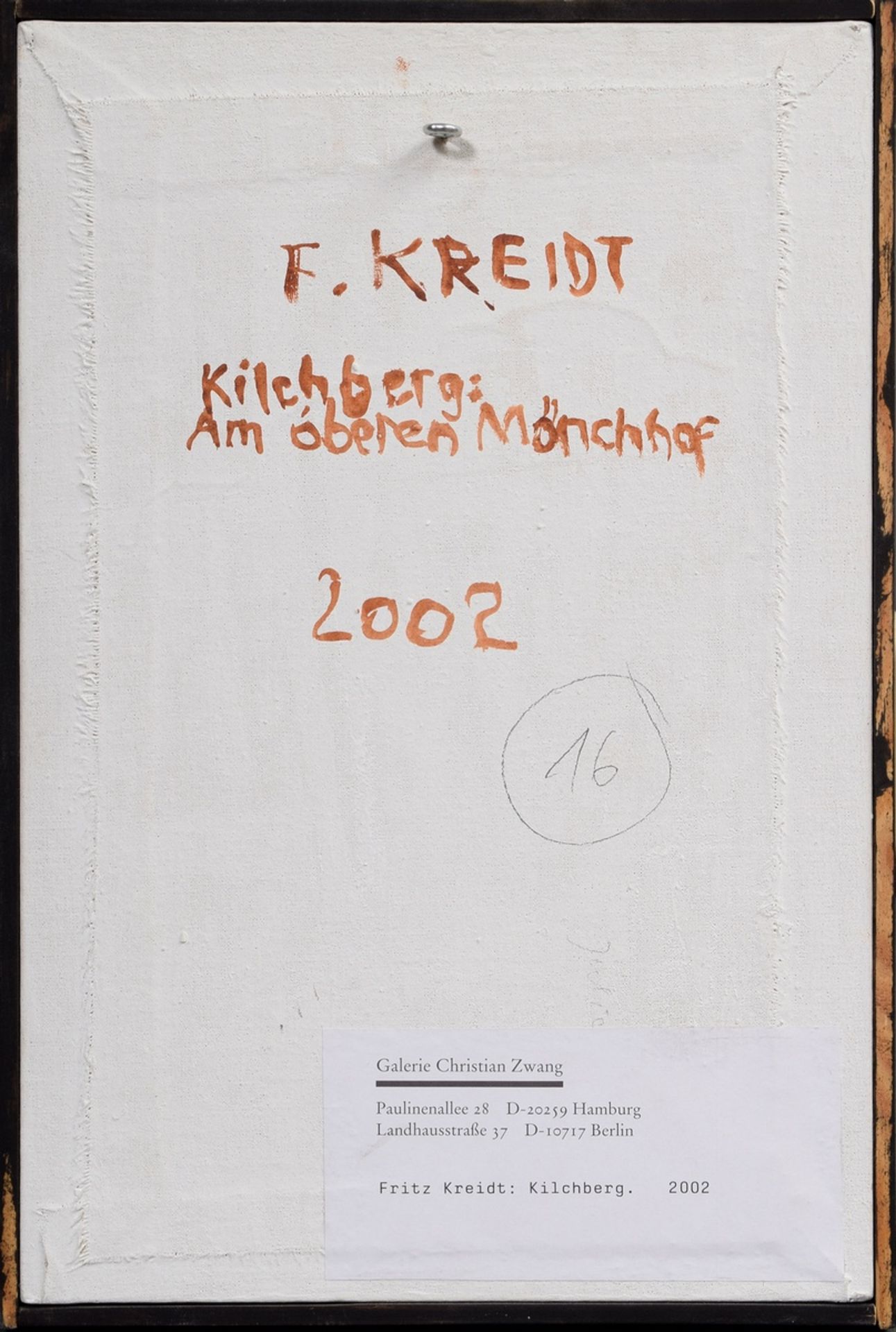 Kreidt, Fritz (1936-2020) „Kilchberg“ 2002, Öl/Platte, u.l. sign., verso bez. und Klebeetkett Galer - Bild 3 aus 3