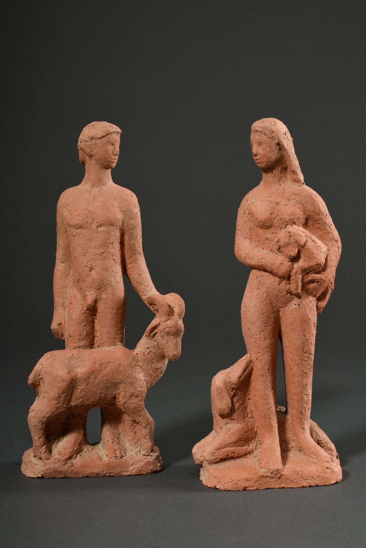 Paar Maetzel, Monika (1917-2010) Figuren "Junger Mann mit Ziegenbock"/"Junge Frau mit Lamm und Hund