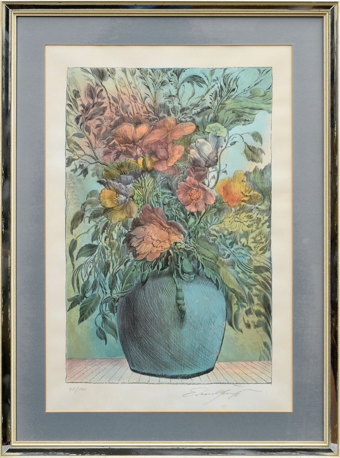 Fuchs, Ernst (1930-2015) "Bouquet of flowers in vase", color lithograph, 41/120, below sign./num.,  - Image 2 of 3