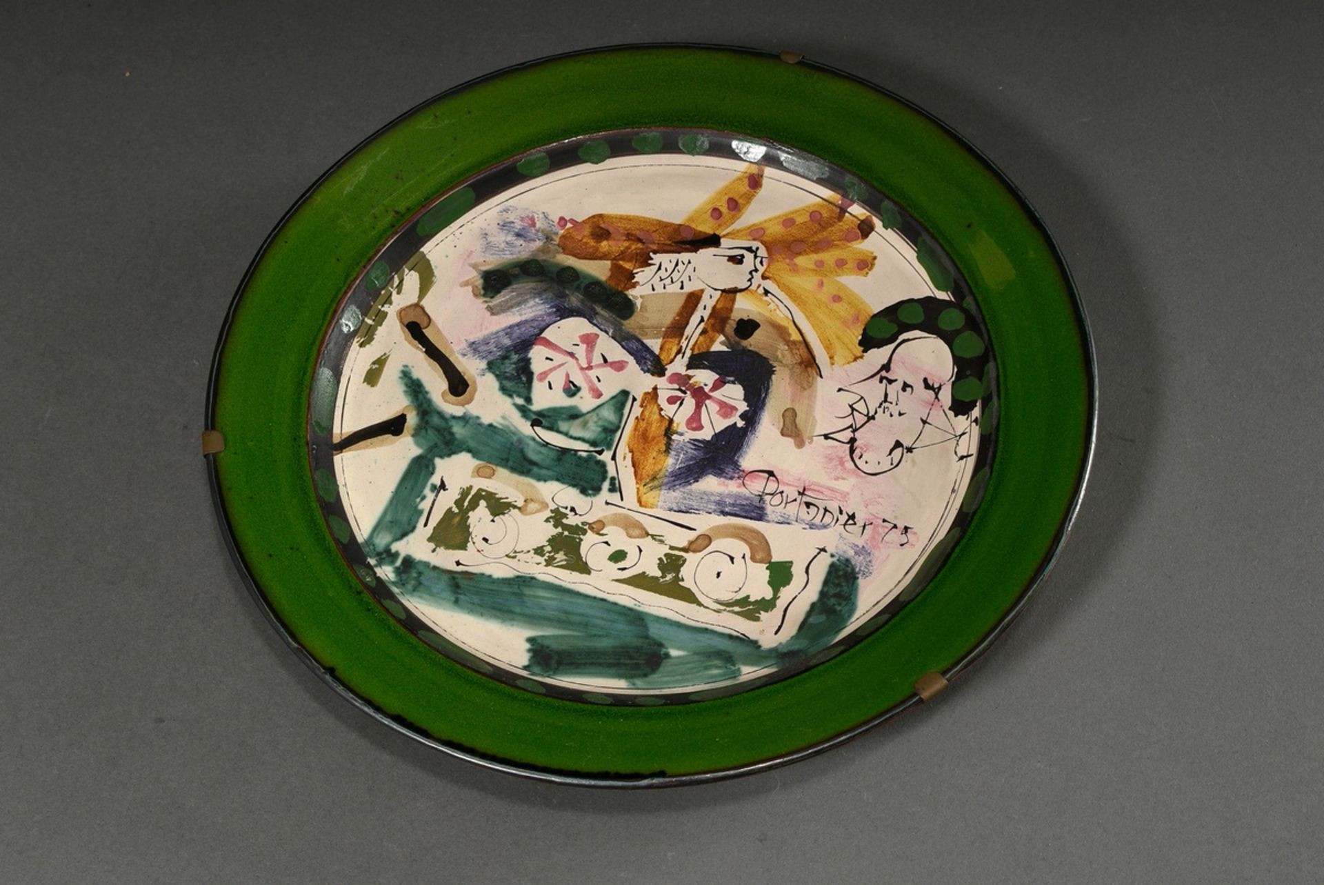 Studio ceramic plate by Gilbert Portanier, Vallauris, abstract figural representation, signed Porta - Image 2 of 5