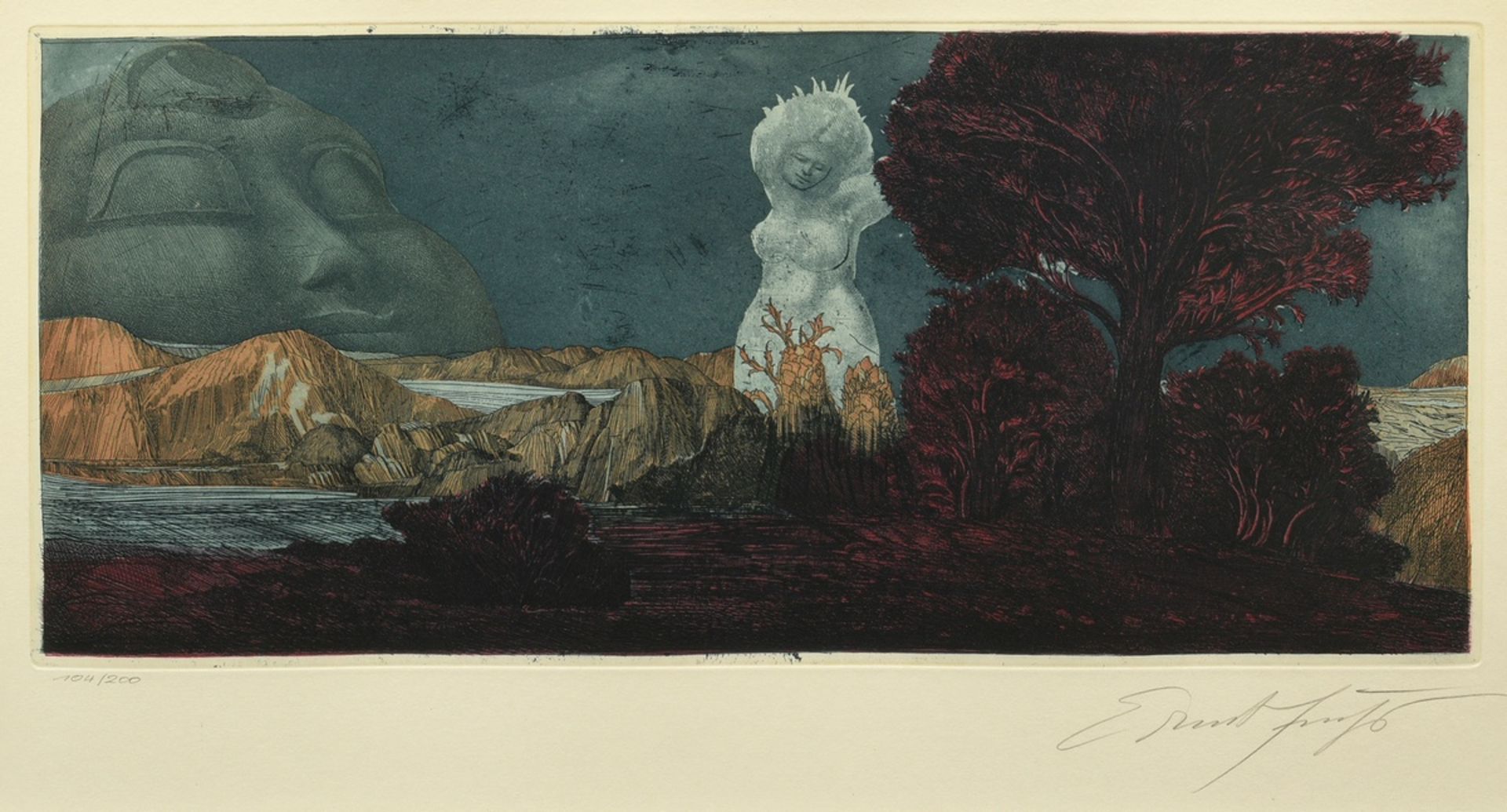 Fuchs, Ernst (1930-2015) "Cyclopean Landscape" circa 1967, color etching 104/200, below num./sign.,