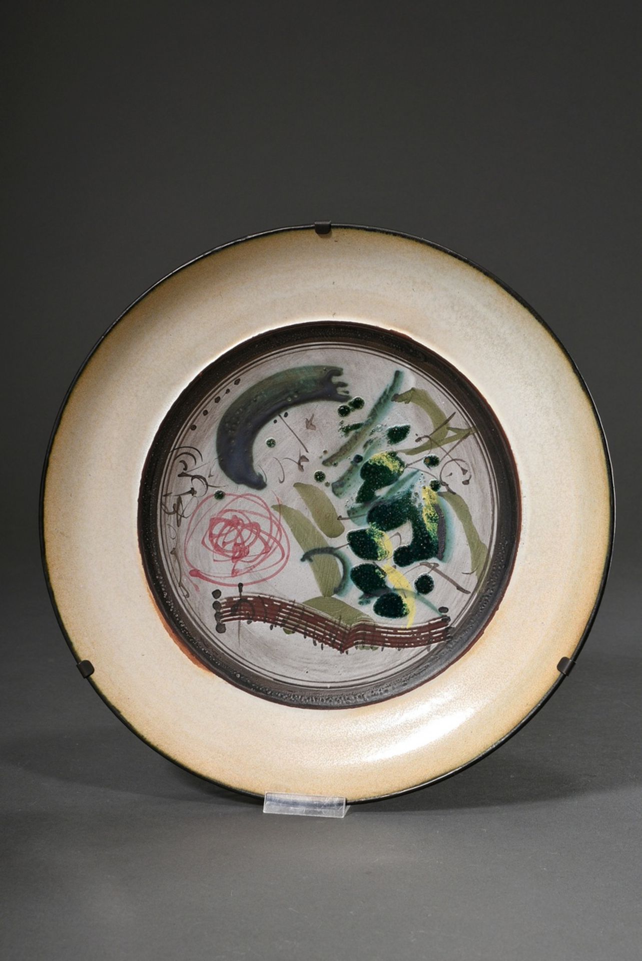 Studio ceramics plate by Gilbert Portanier, Vallauris, abstract representation, reversed signed Por