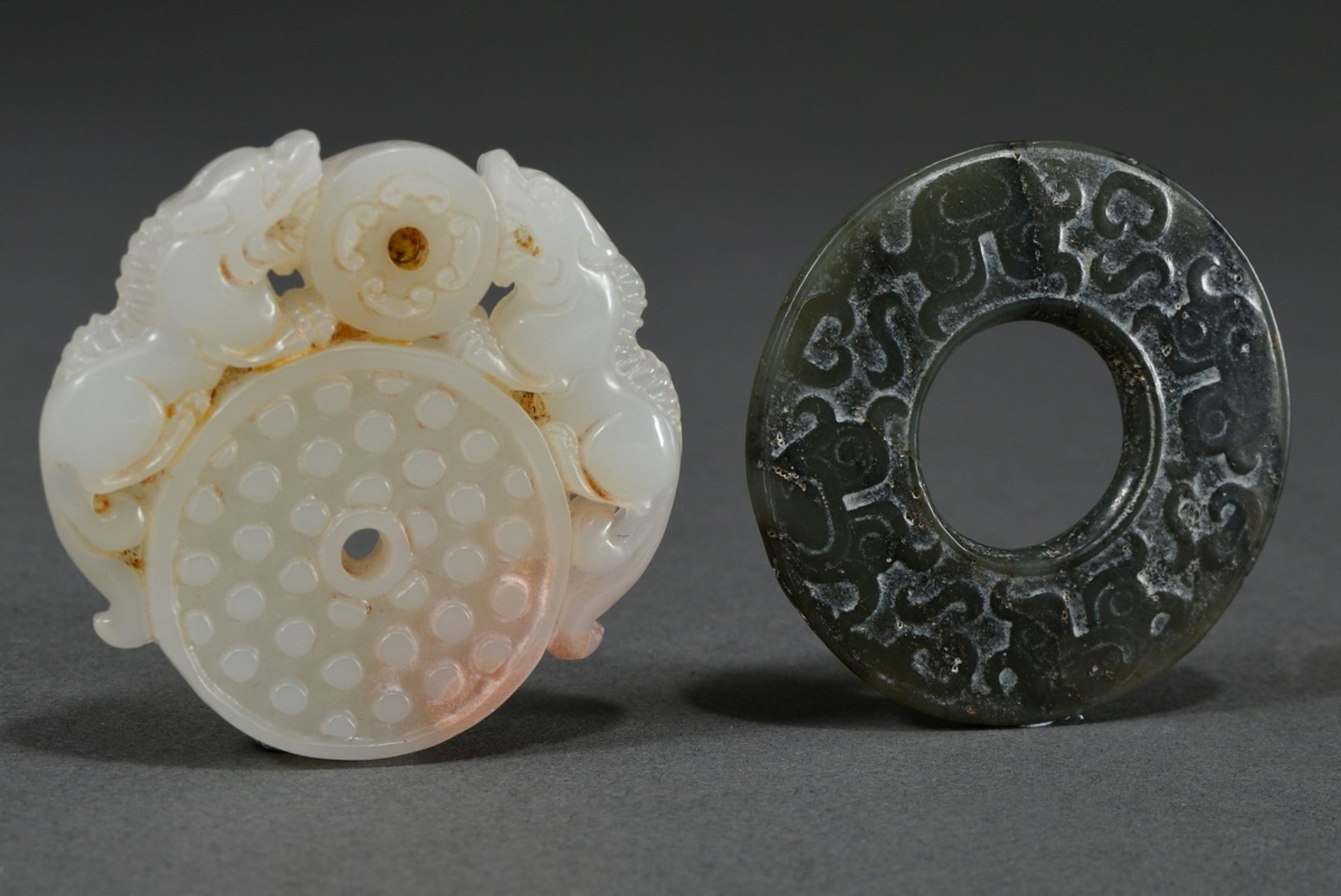 2 Various yuanbi discs: 1 dark green jade, lenticularly flattened with "buffalo mascarons" in flat - Image 2 of 3