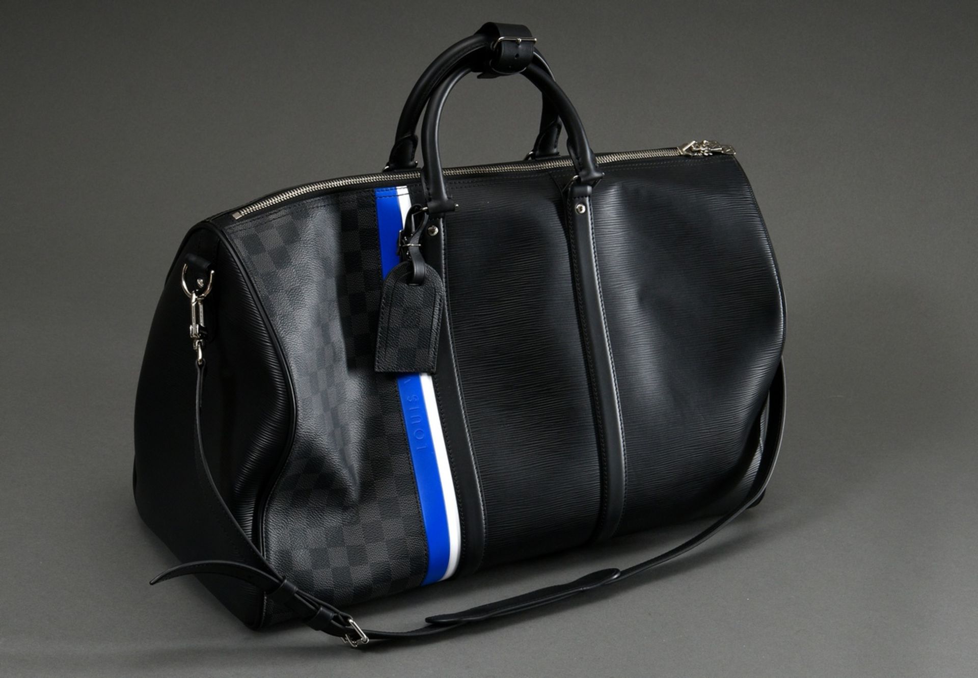 Louis Vuitton "Keepall 50" in Epi black, Damier graphite and raised Brand lettering on blue and whi