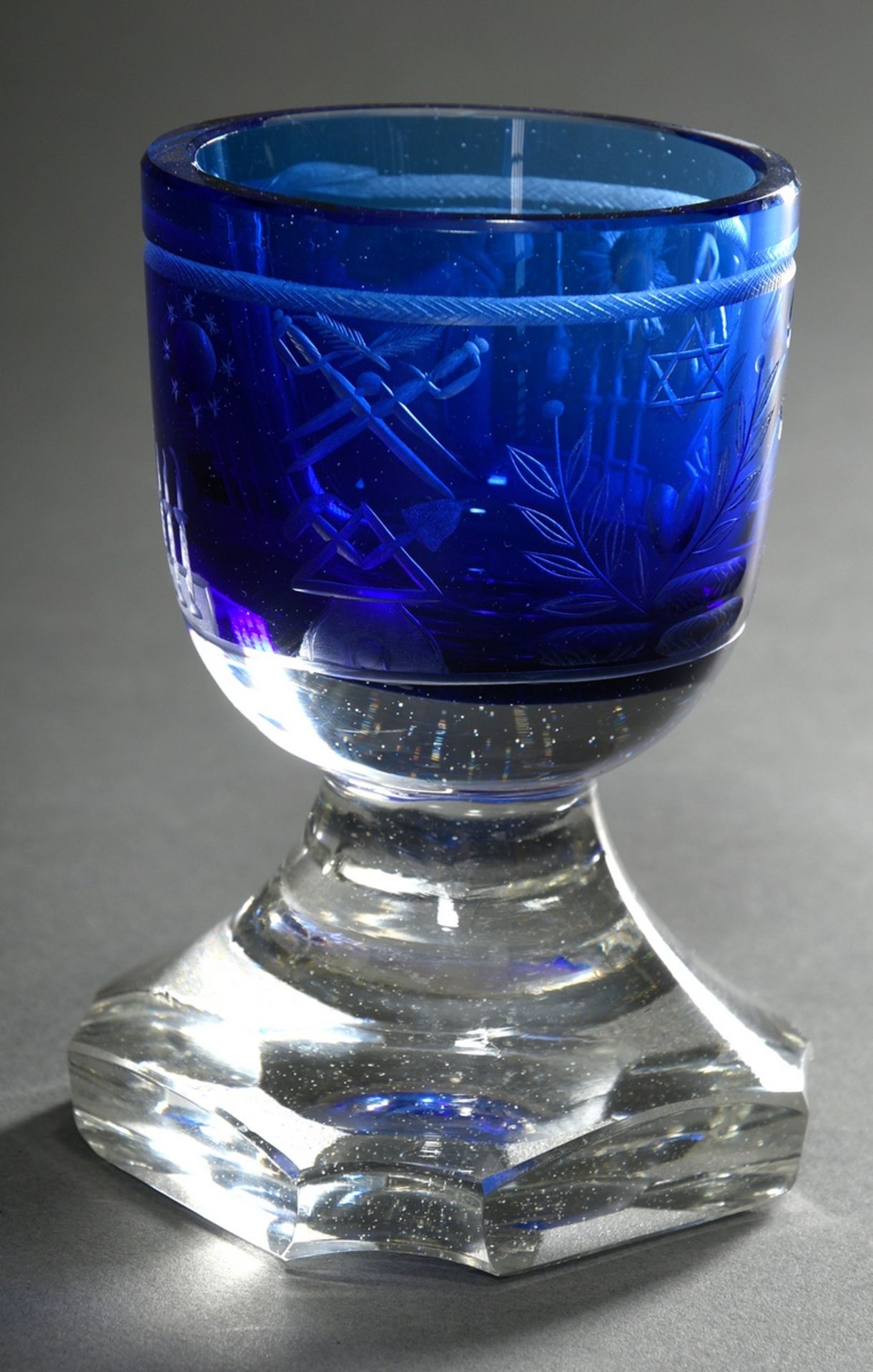 Thick-walled Masonic foot cup with cobalt blue etched dome, deeply cut symbols and constricted neck