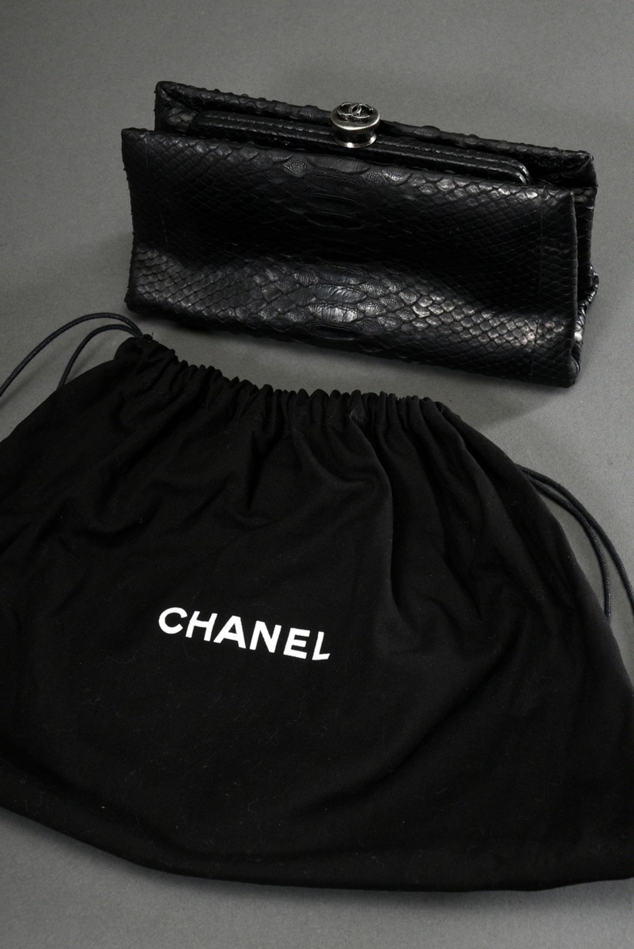 Chanel clutch in black python leather with silver metal logo clasp, black silk lining, Collection 2 - Image 2 of 5