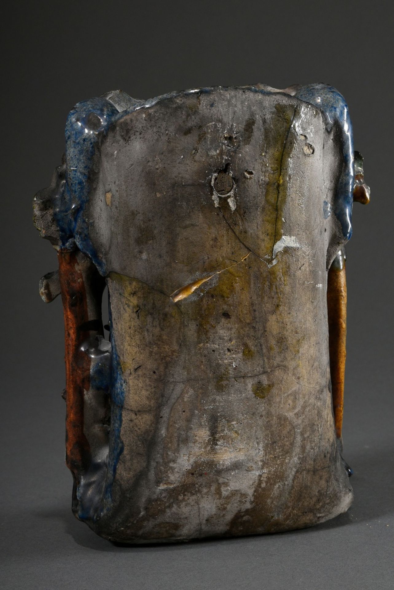 Shiwan ceramic wall vase with Sancai glaze over sculptural depiction "Six persons in a wooded rocky - Image 2 of 4