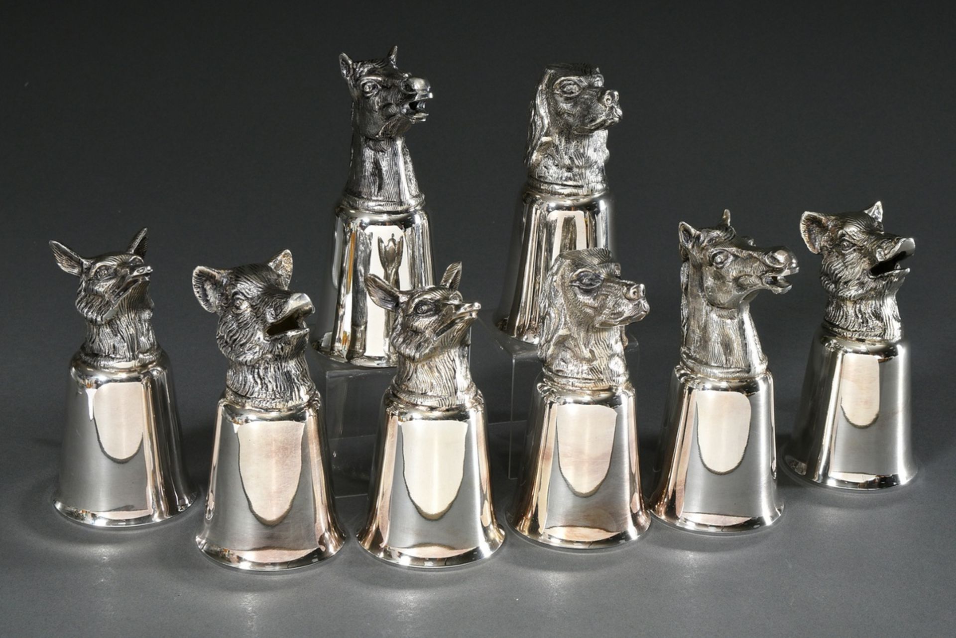 8 Hunting tumblers with plastic animal heads "horse, hunting dog, fox, wild boar", 20th century, br - Image 2 of 6