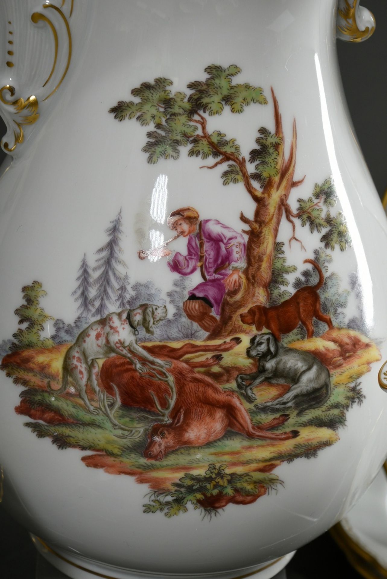 15 piece Meissen coffee service with polychrome flawless painting "Hunting scenes after Ridinger" a - Image 3 of 7