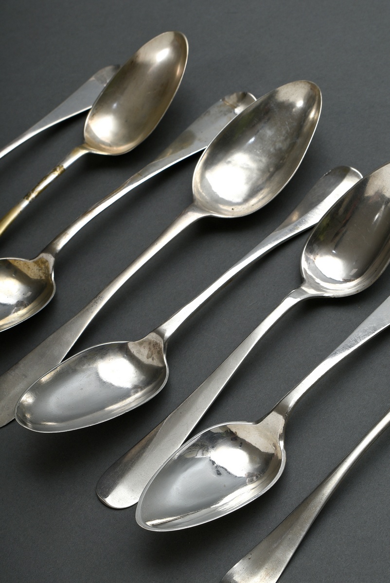 8 Various plain spoons after the English "Hanoverian" pattern with engraved owner's marks, various