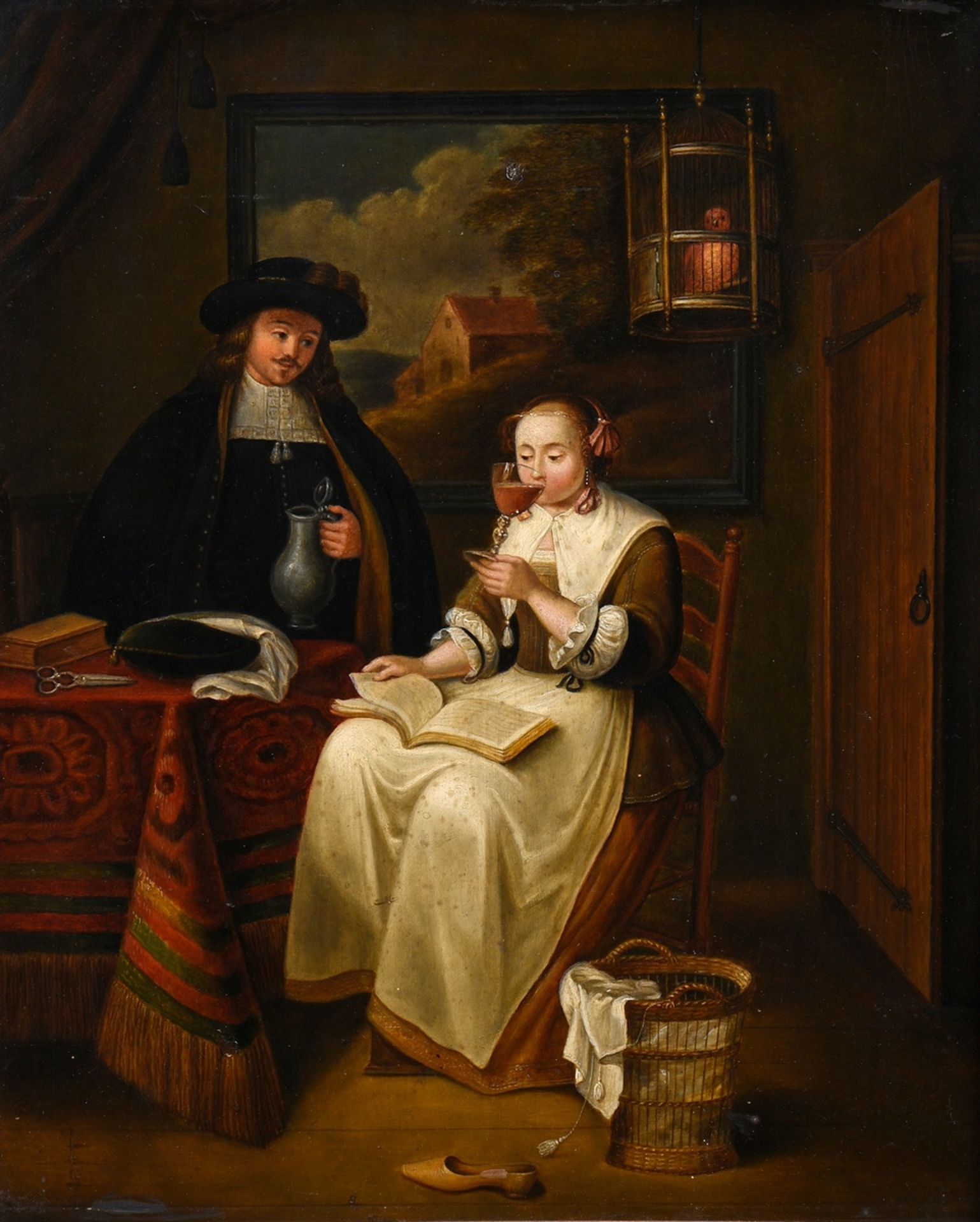 Unknown artist of the 18th c. "Dutch interior scene with couple at wine tasting", oil/wood, magnifi