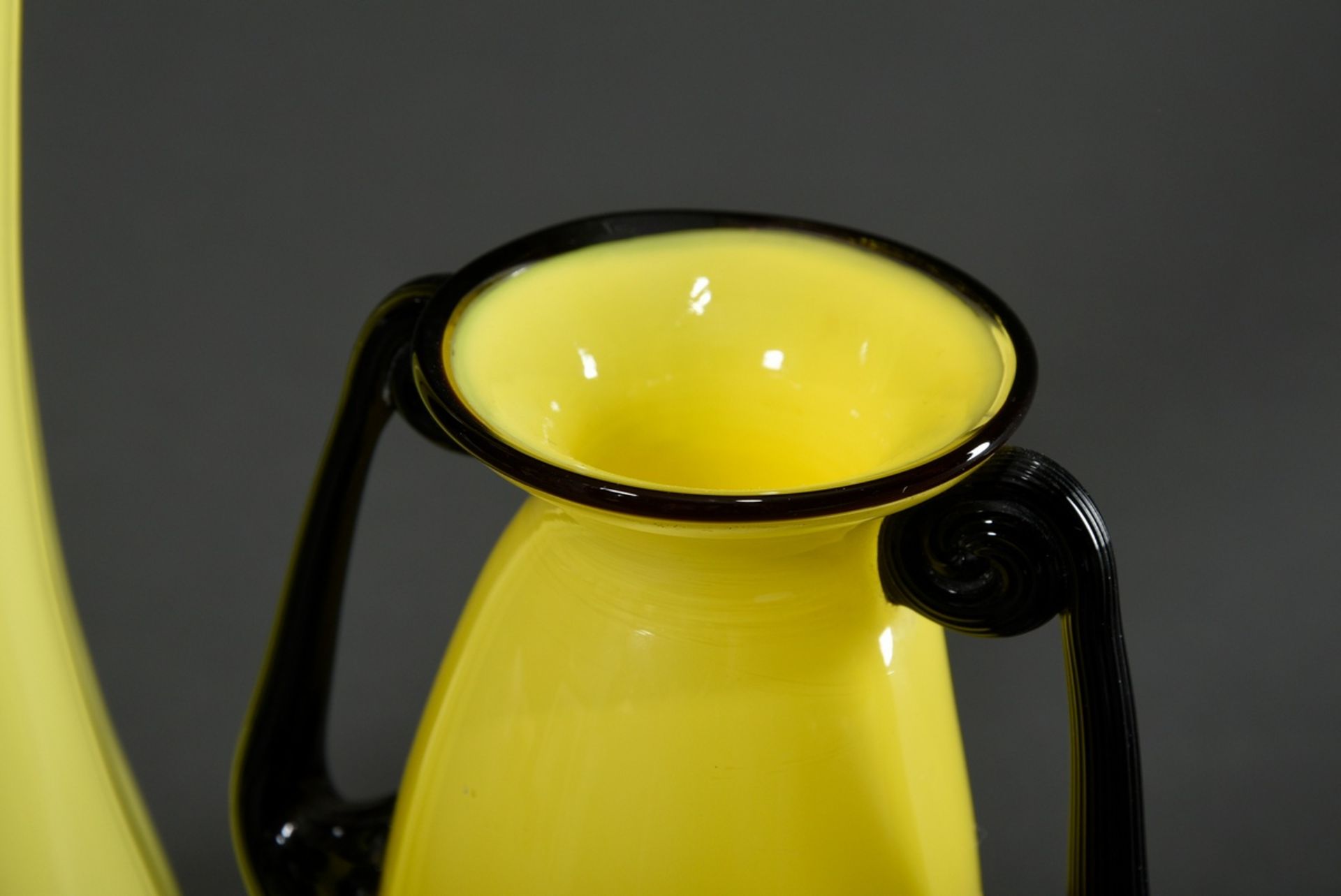 2 Various "tango glass" vases in Loetz style, colourless glass with yellow inner rim and black acce - Image 2 of 4