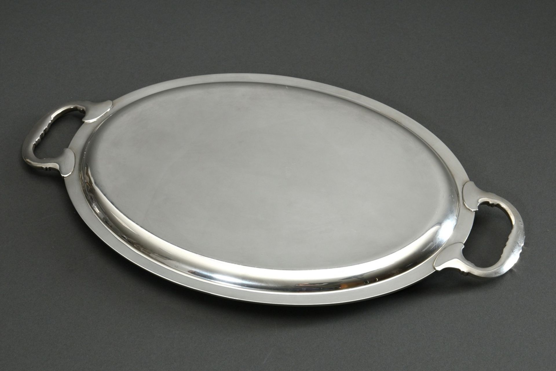 Oval tray in classical shape with relief rim and handles, silver 800, 525g, 41,6x24,6cm, slight sig - Image 3 of 3