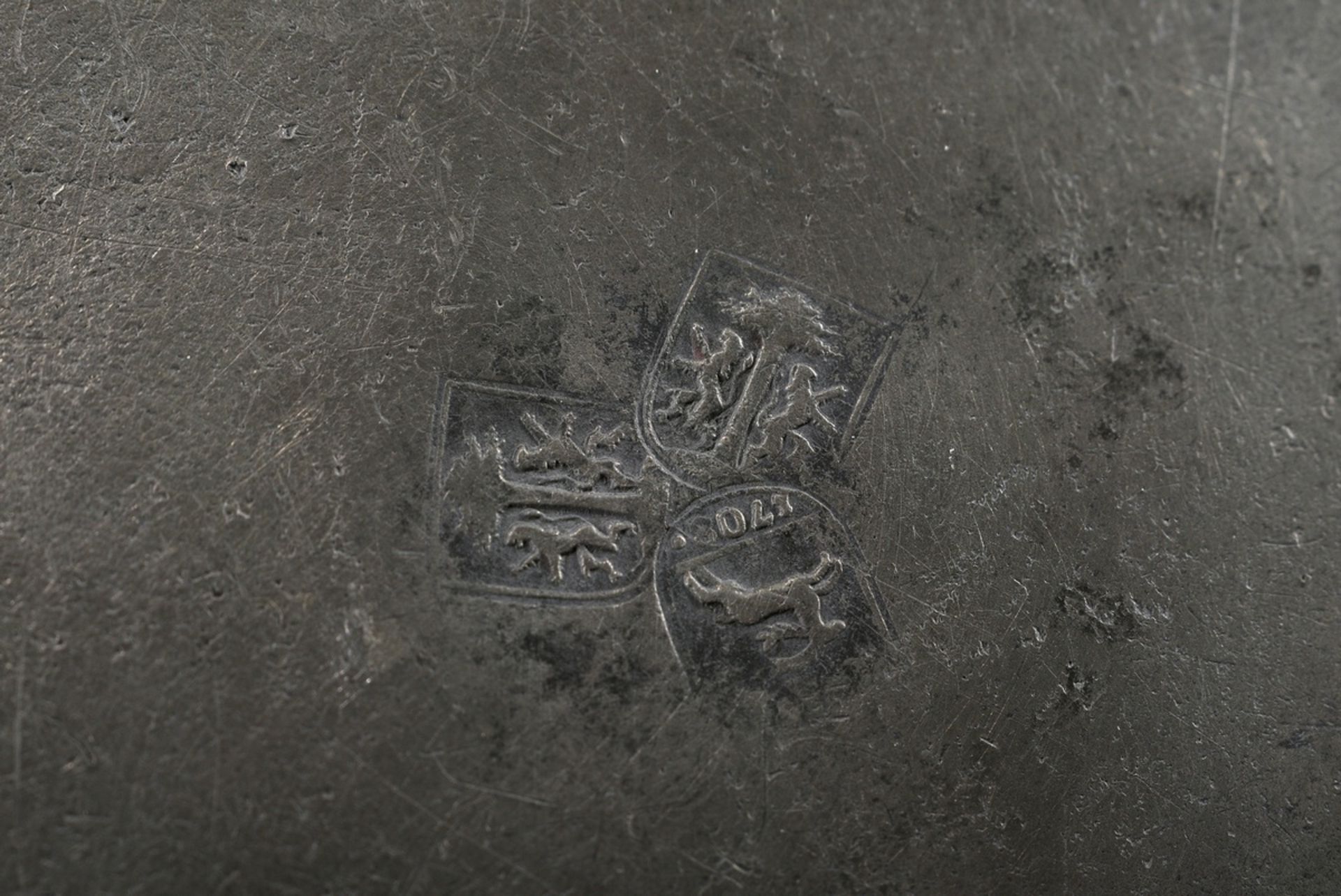 3 Various pieces of pewter, 18th century: large plate with engraved owner's monogram "C.S.S. 1775", - Image 10 of 11